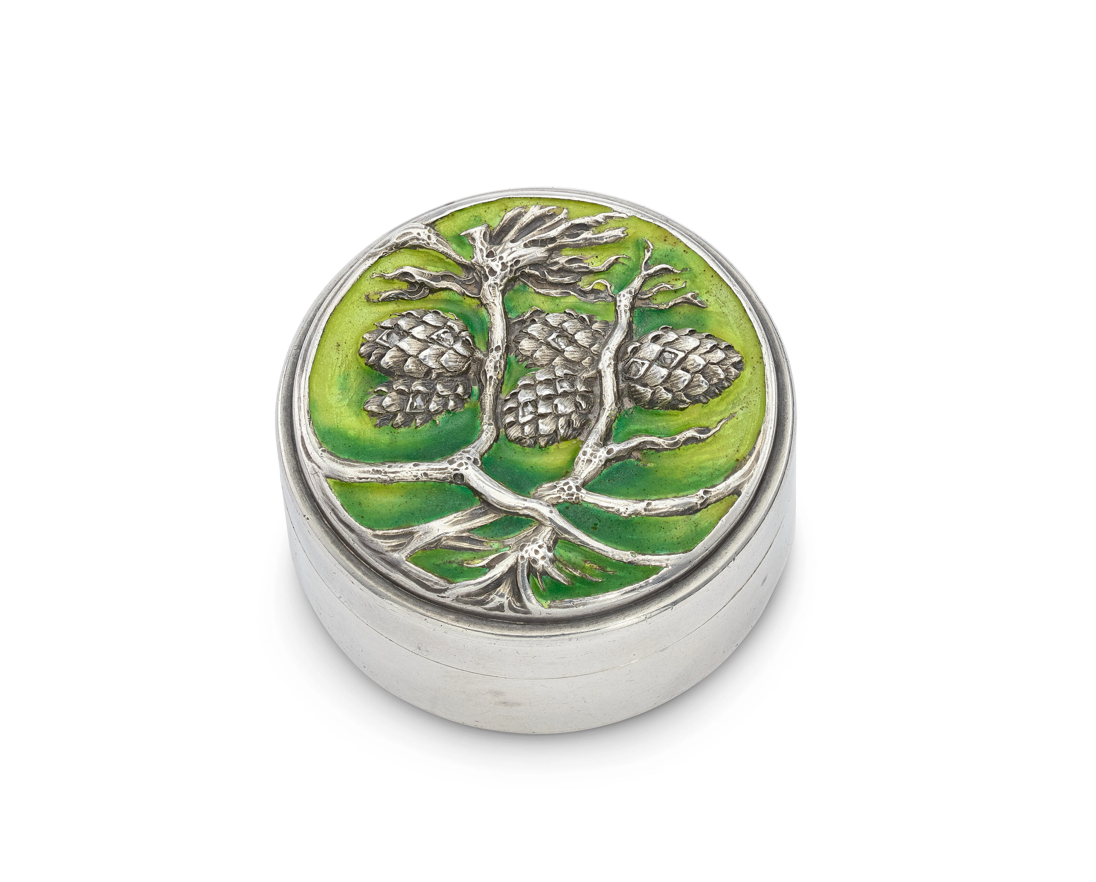 A Russian Jeweled and Enamel Silver Pill Box