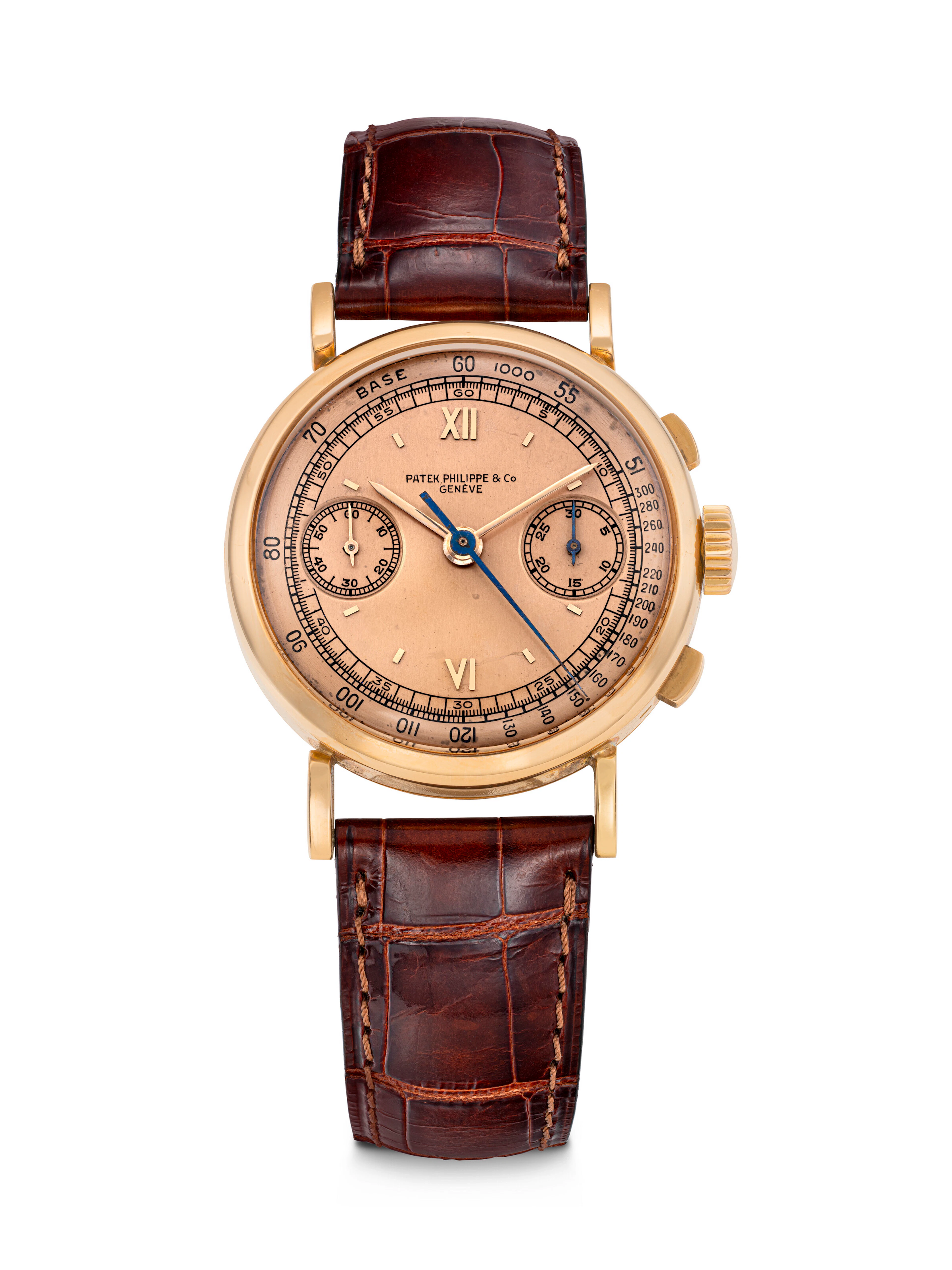 PATEK PHILIPPE. A VERY RARE 18K PINK GOLD CHRONOGRAPH WRISTWATCH WITH