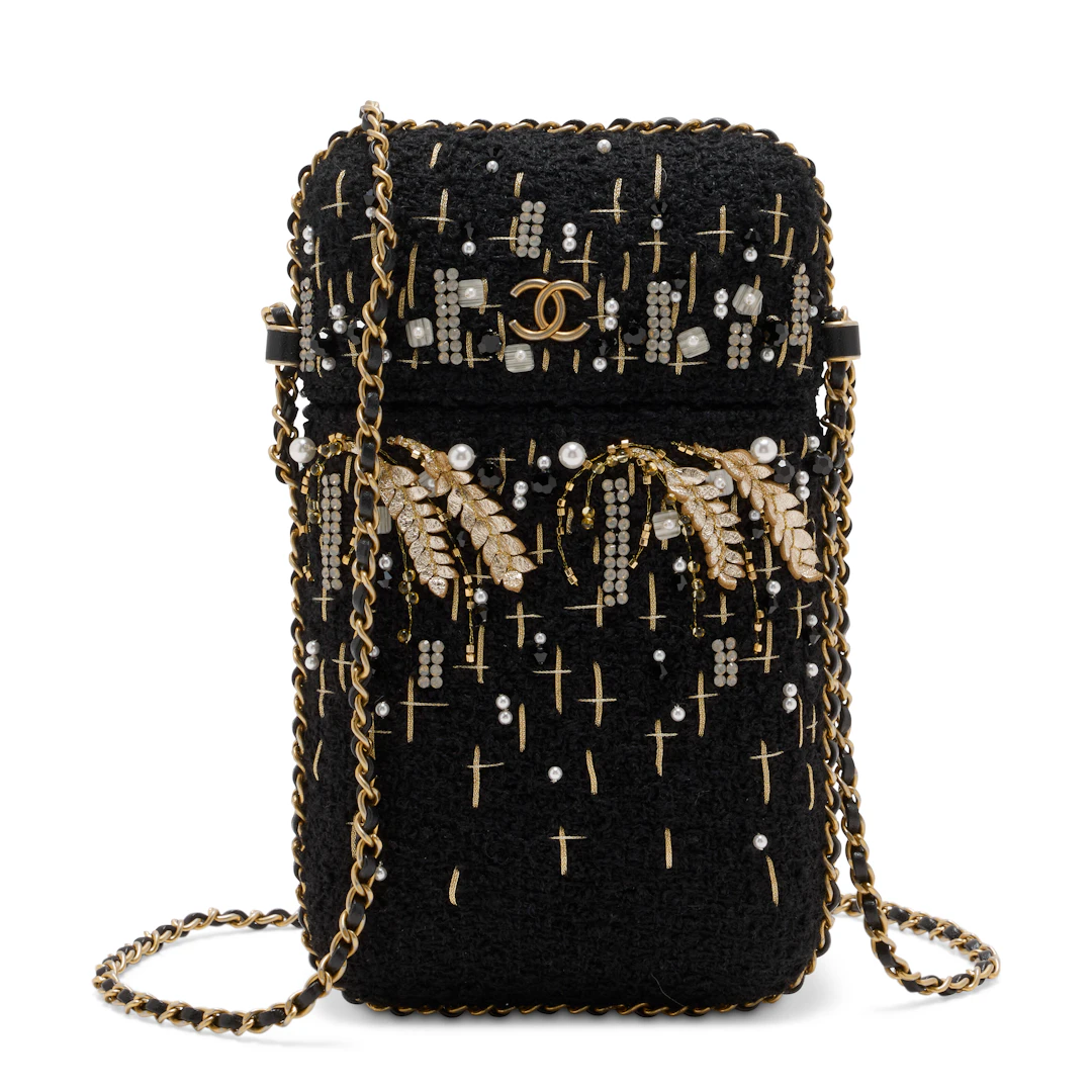 A Métiers D'arts Embroidered Ear of Wheat Tweed Pouch with Gold Hardware