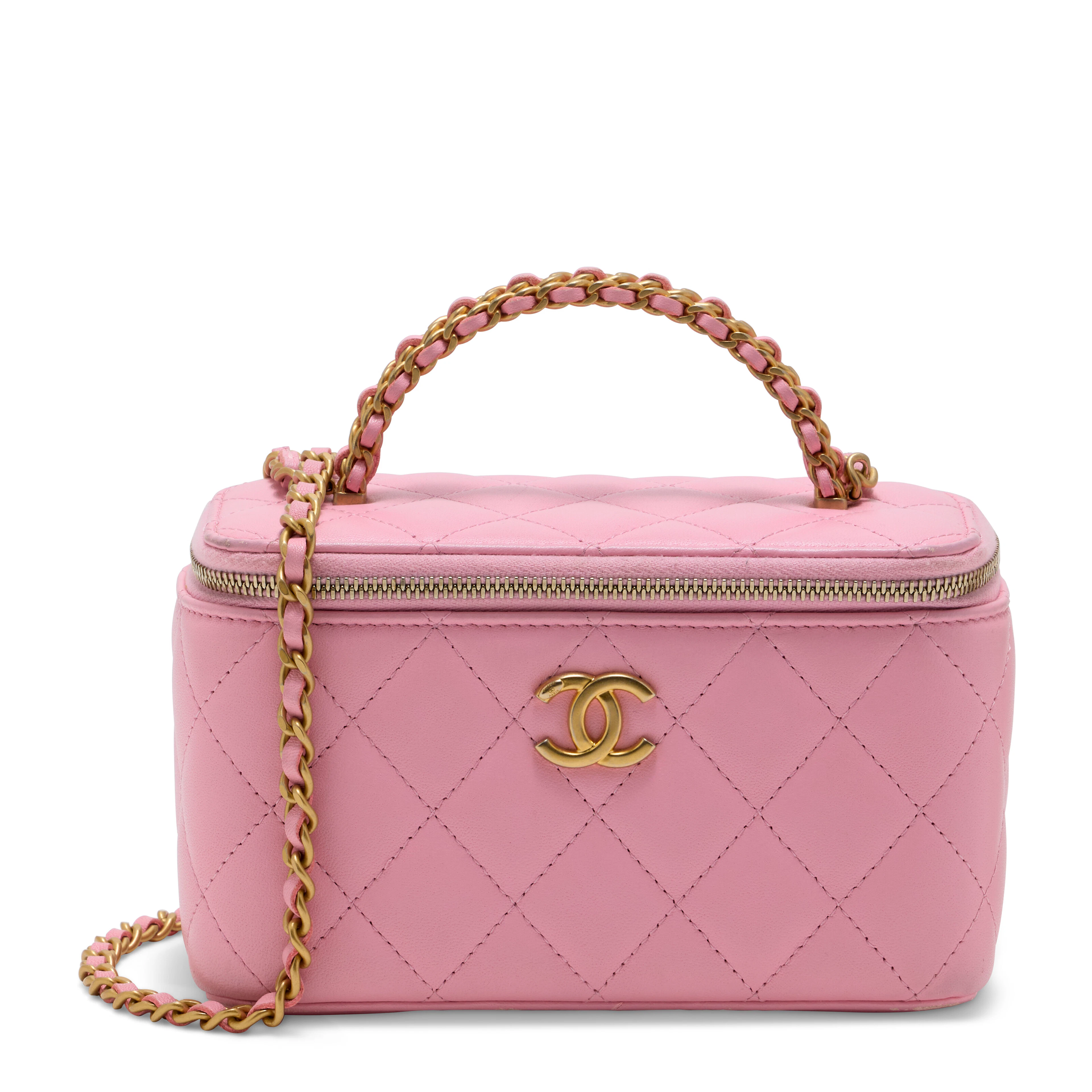 A Pink Quilted Lambskin Leather Pick Me Up Vanity Case with Gold Hardware