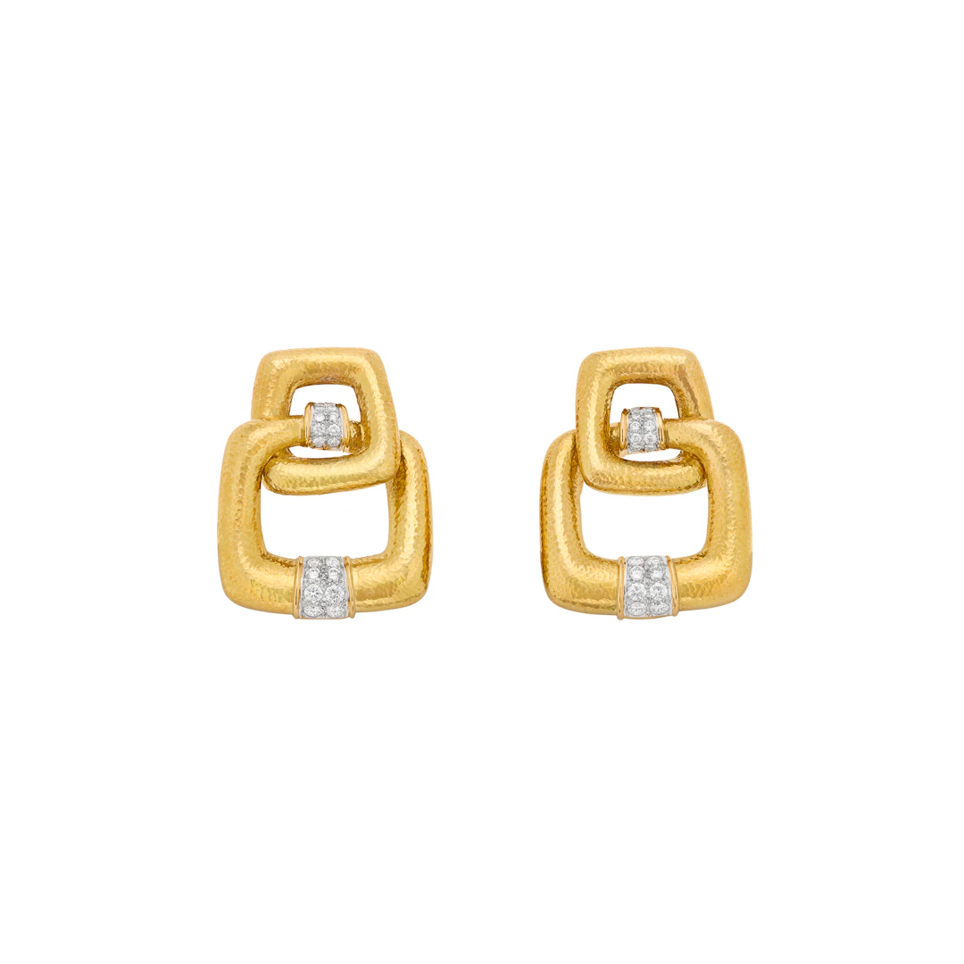 David Webb Diamond and Hammered Gold Earrings