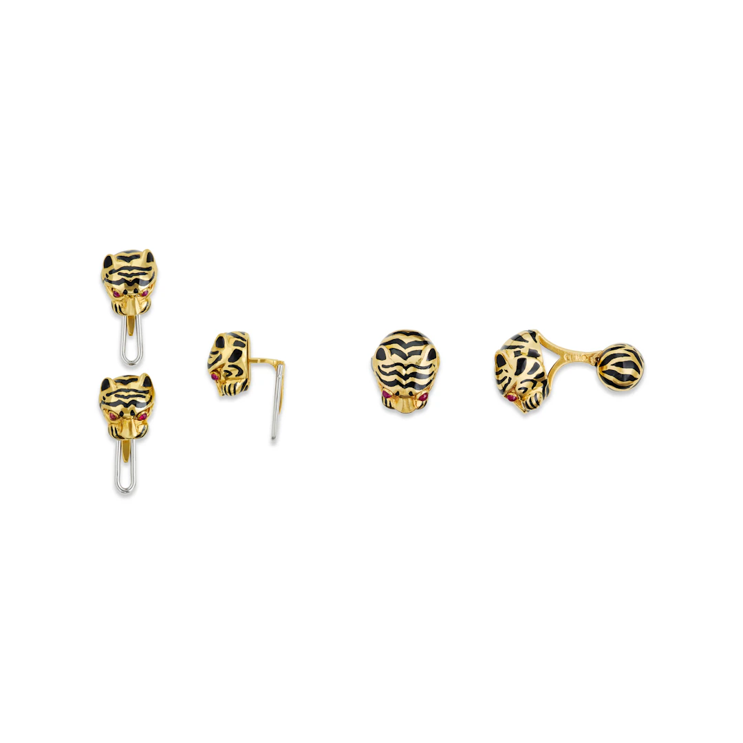 David Webb Enamel, Ruby and Gold Dress Set