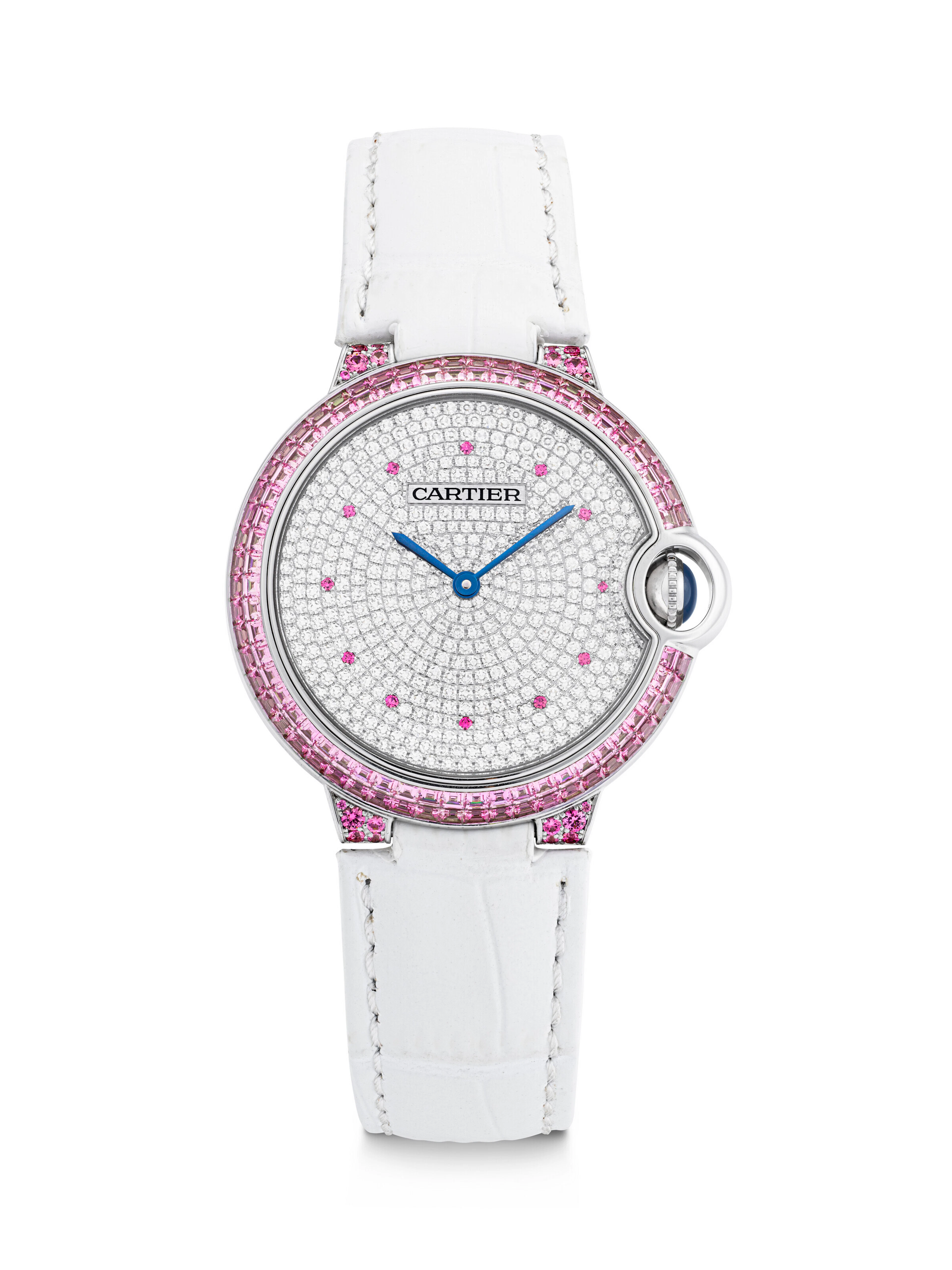 CARTIER. A RARE AND DAZZLING 18K WHITE GOLD, DIAMOND AND PINK GEMSTONE-SET