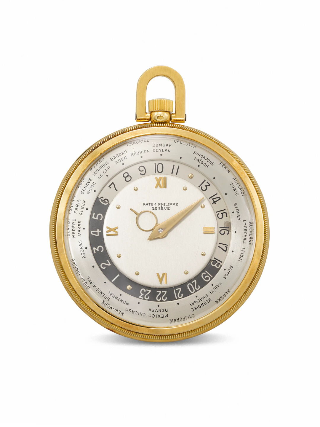 Patek Philippe. An Important 18K Gold Openface Keyless Lever World Time Watch