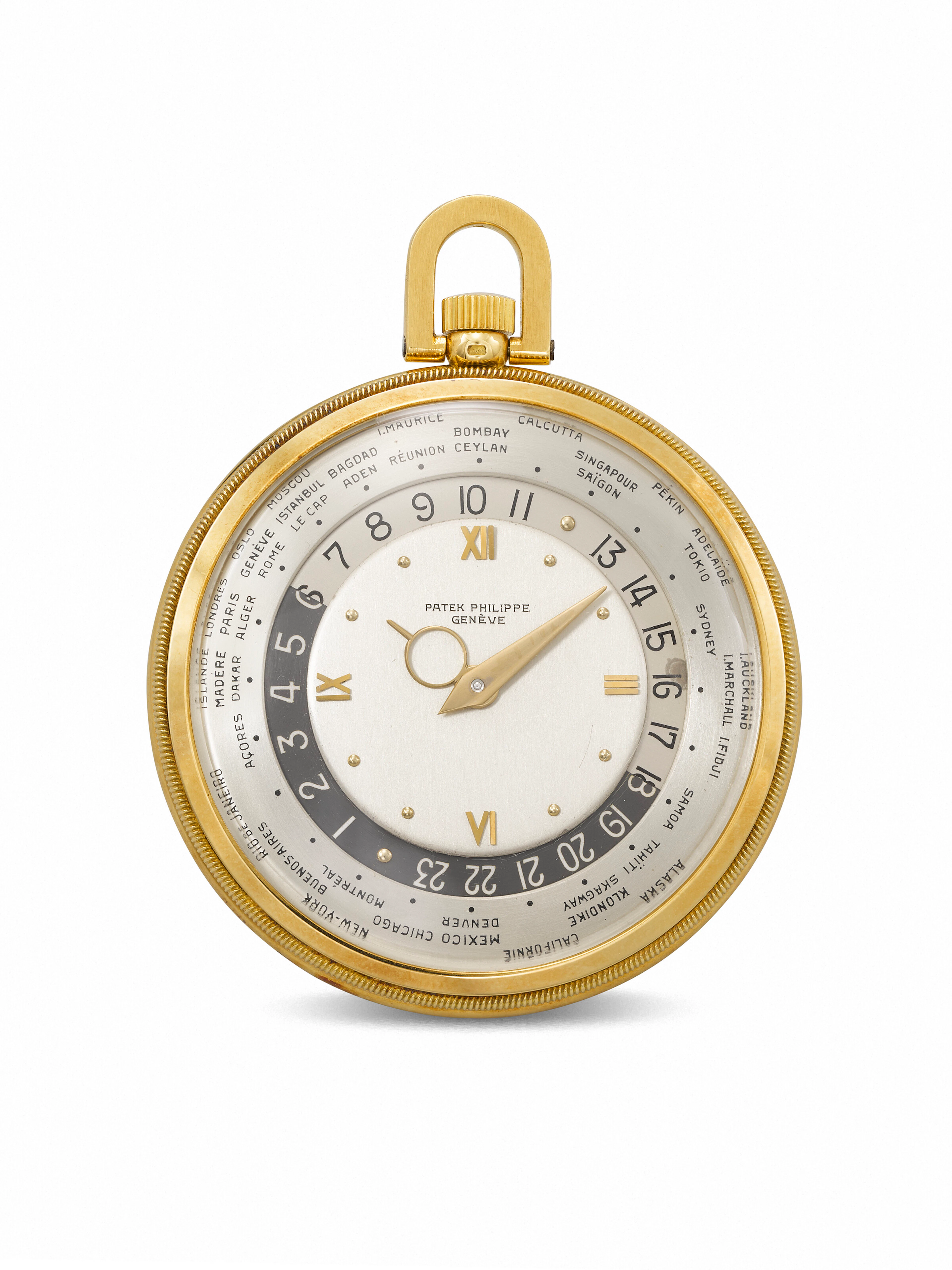 Patek Philippe. An Important 18K Gold Openface Keyless Lever World Time Watch