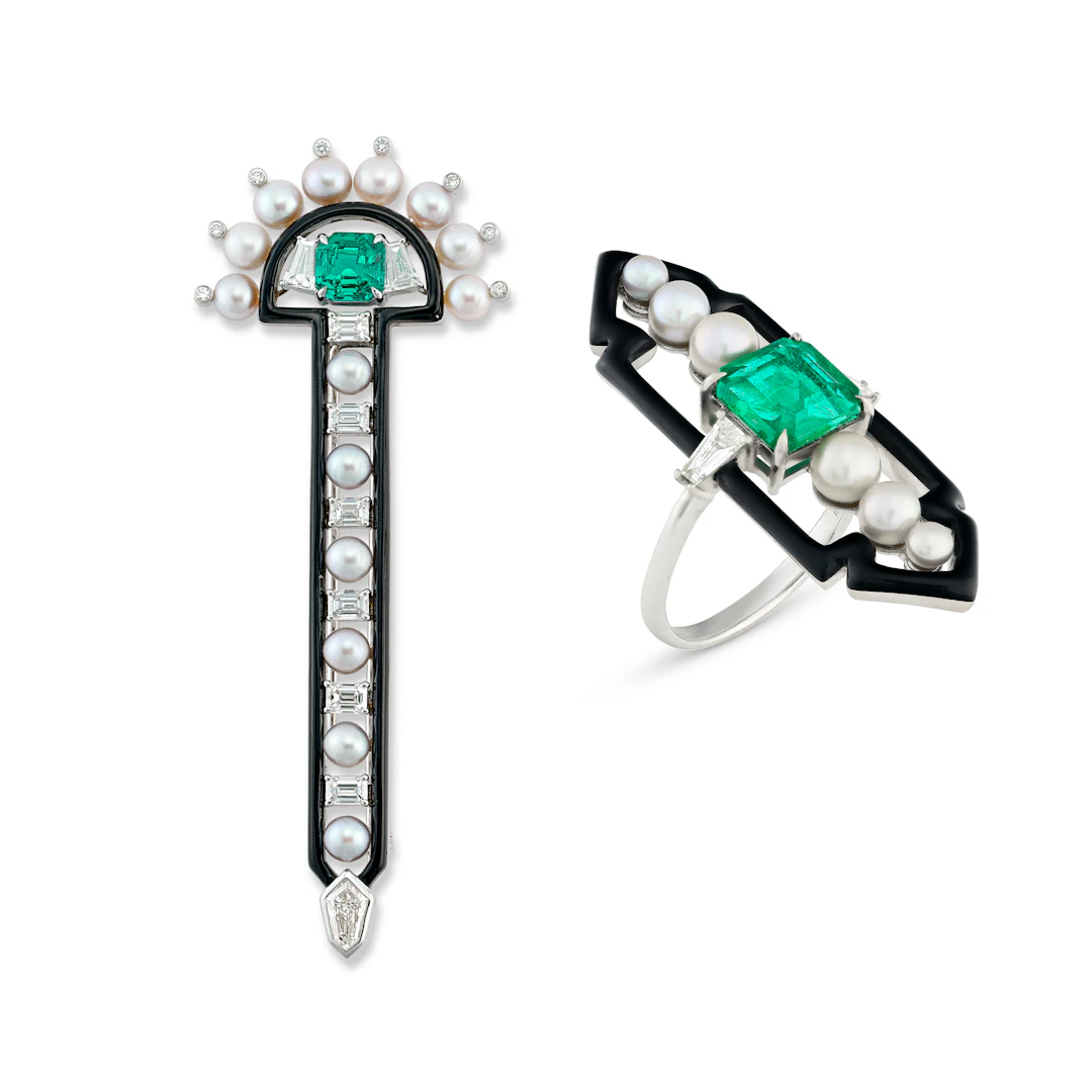 Nikos Koulis Group of Emerald, Cultured Pearl, Diamond and Enamel Jewellery