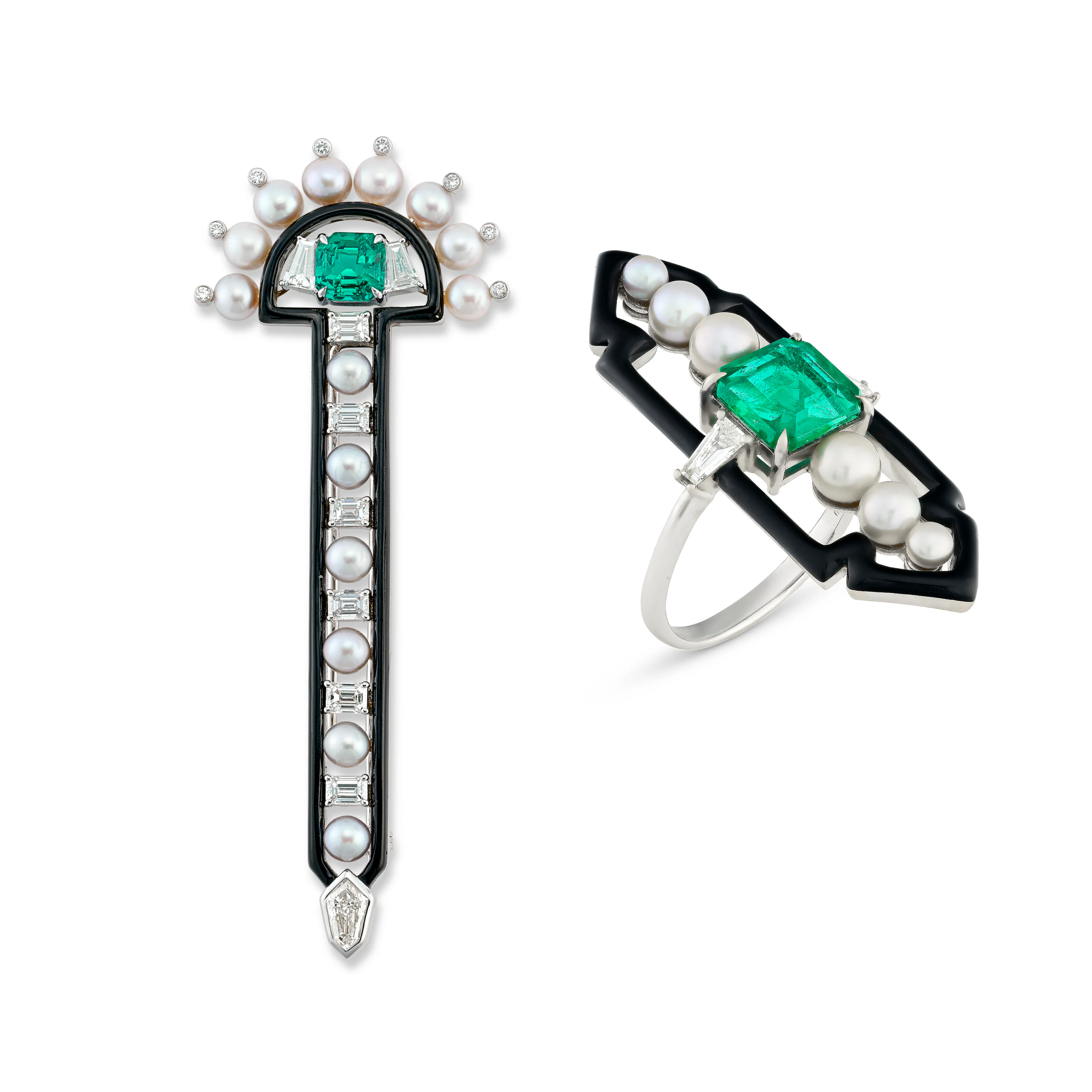 Nikos Koulis Group of Emerald, Cultured Pearl, Diamond and Enamel Jewellery