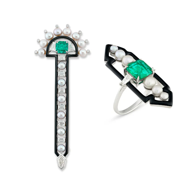 Nikos Koulis Group of Emerald, Cultured Pearl, Diamond and Enamel Jewellery