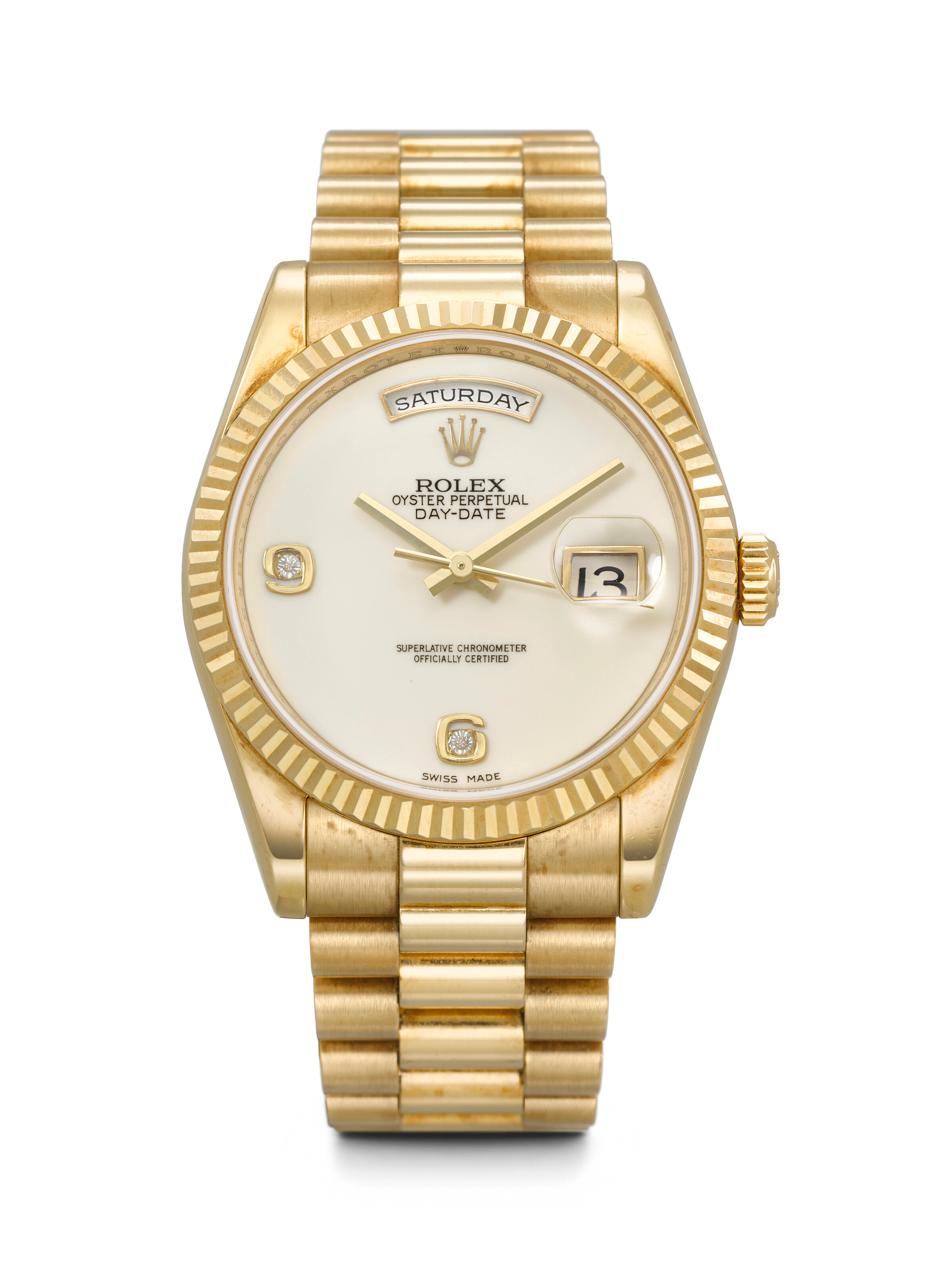 ROLEX. AN ATTRACTIVE 18K GOLD AND DIAMOND-SET AUTOMATIC WRISTWATCH