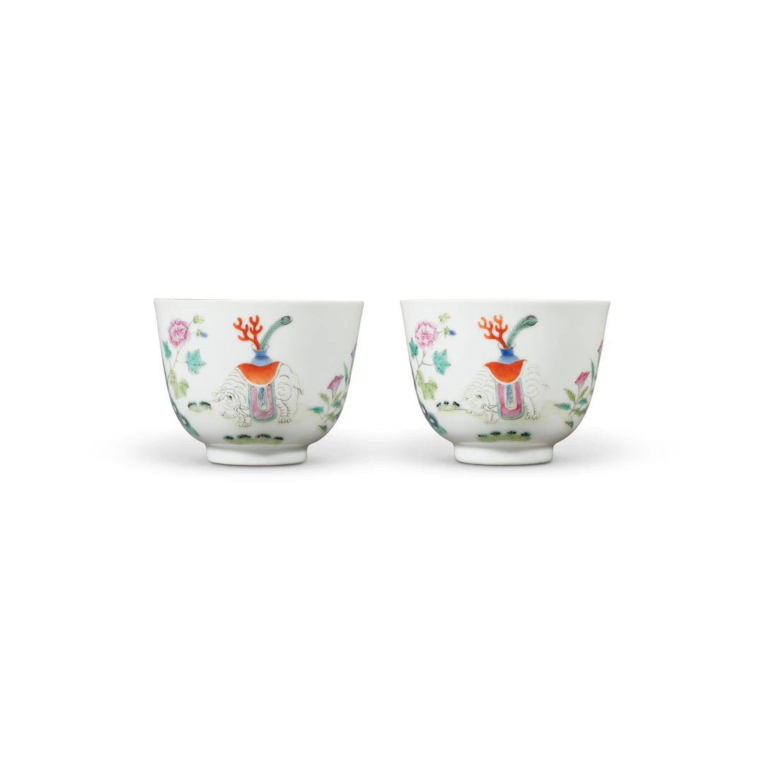 A Fine Pair of Famille Rose 'Elephant Bearing Vase with Coral' Cups