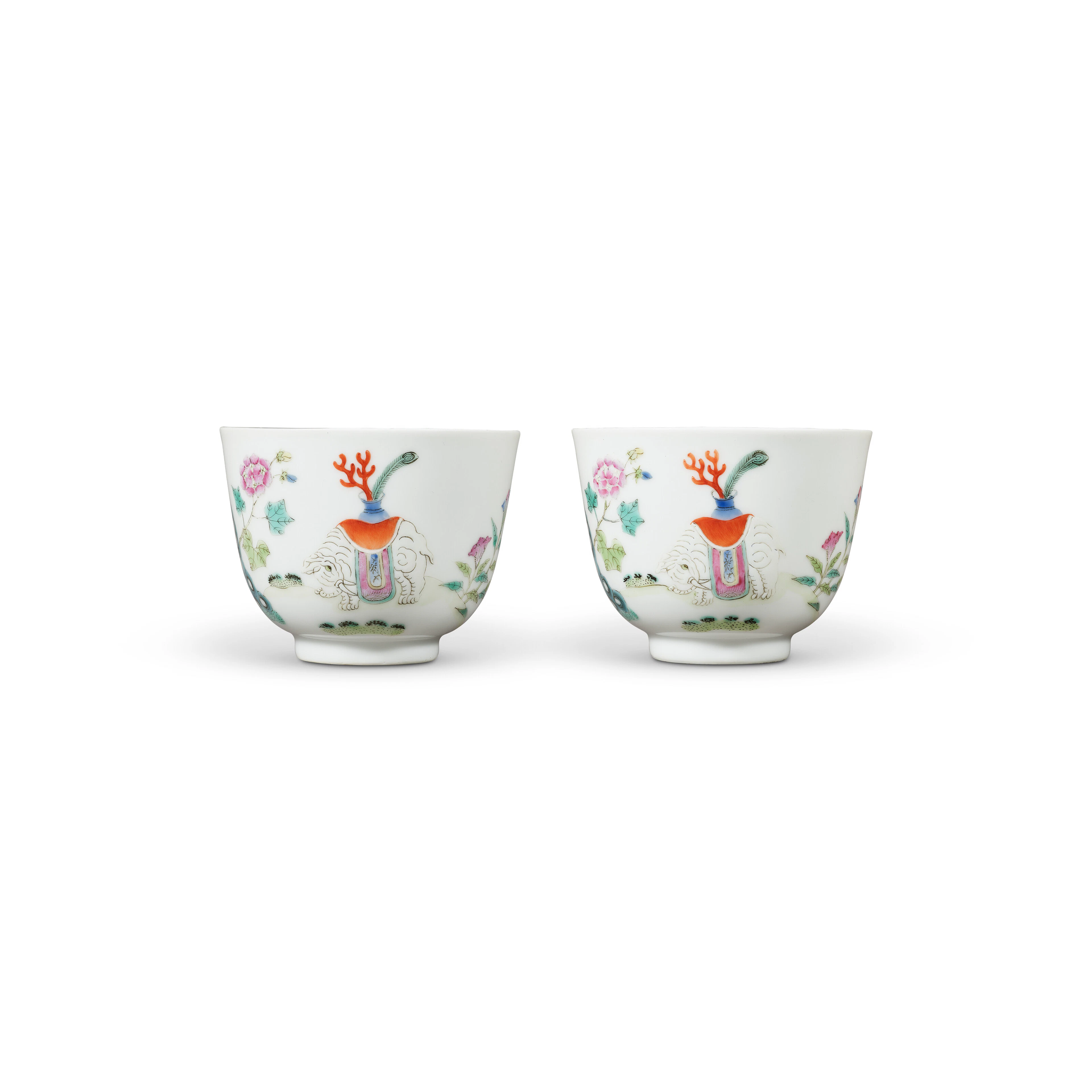 A Fine Pair of Famille Rose 'Elephant Bearing Vase with Coral' Cups