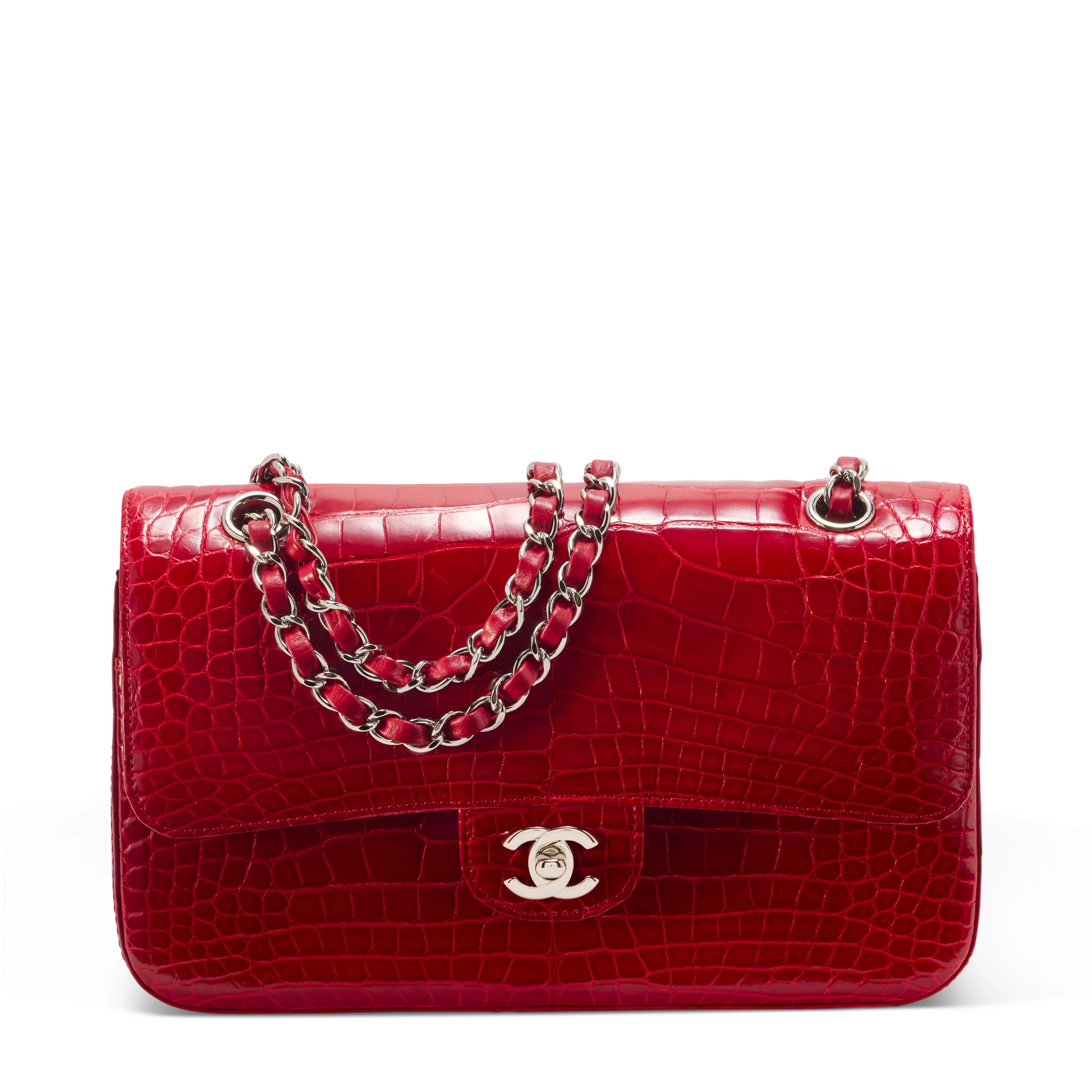 A Shiny Red Alligator Medium Classic Double Flap with Silver Hardware