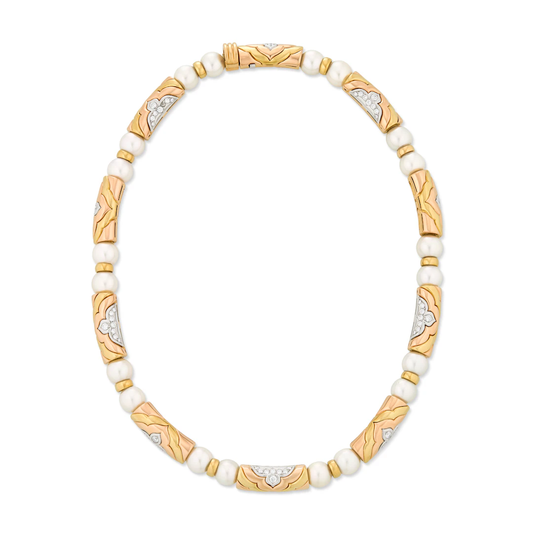 Bulgari Diamond, Cultured Pearl and Tri-Colored Gold Necklace