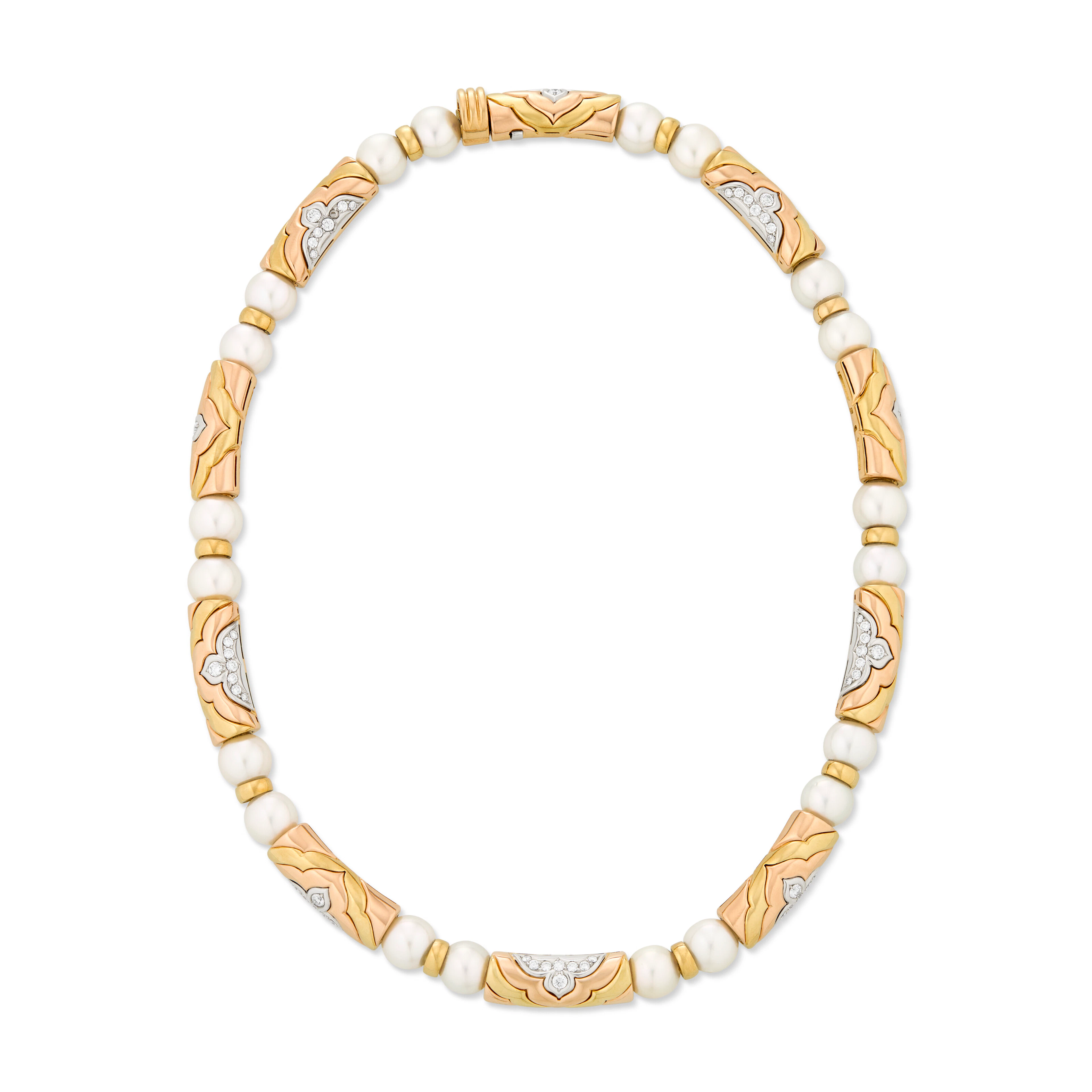 Bulgari Diamond, Cultured Pearl and Tri-Colored Gold Necklace