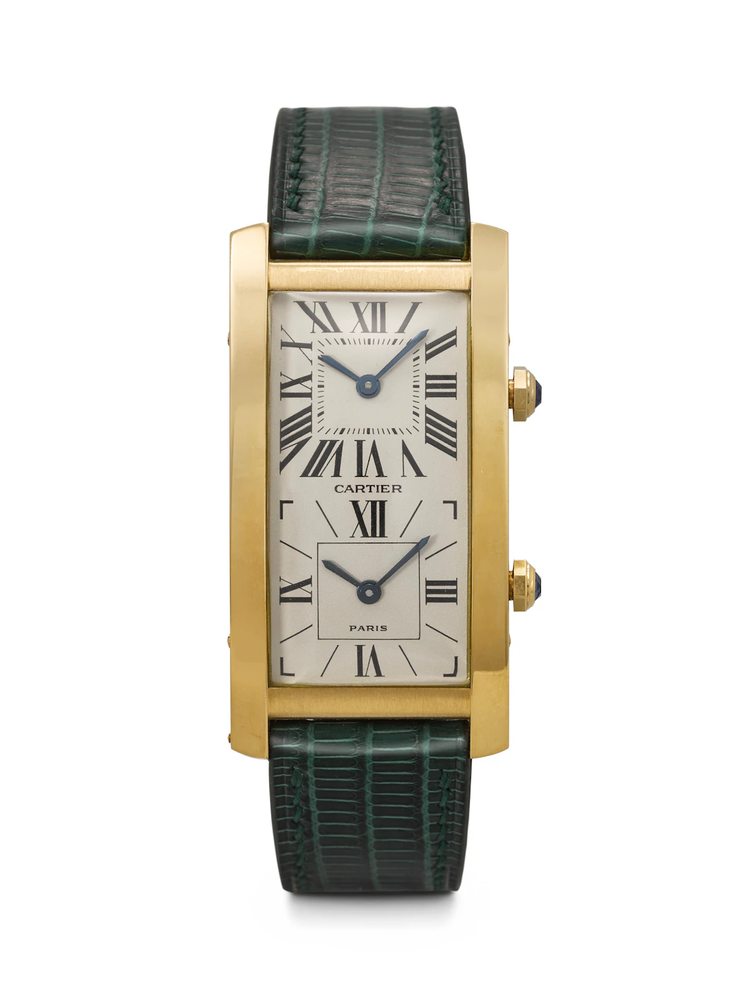 Cartier. A Highly Rare and Attractive 18K Gold Dual Time Wristwatch