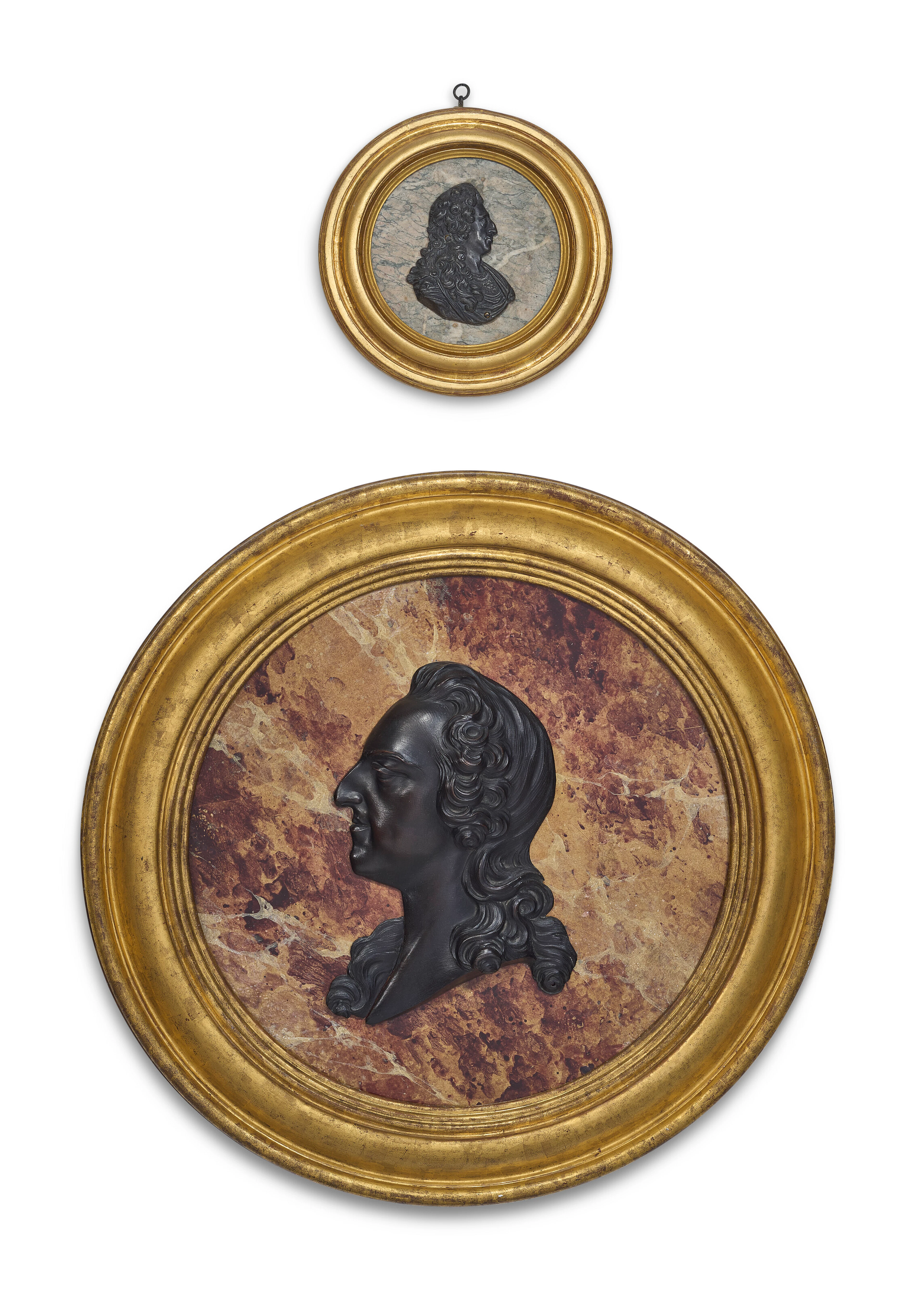 Two French Patinated Bronze, Marble and Faux Marble Giltwood Portrait