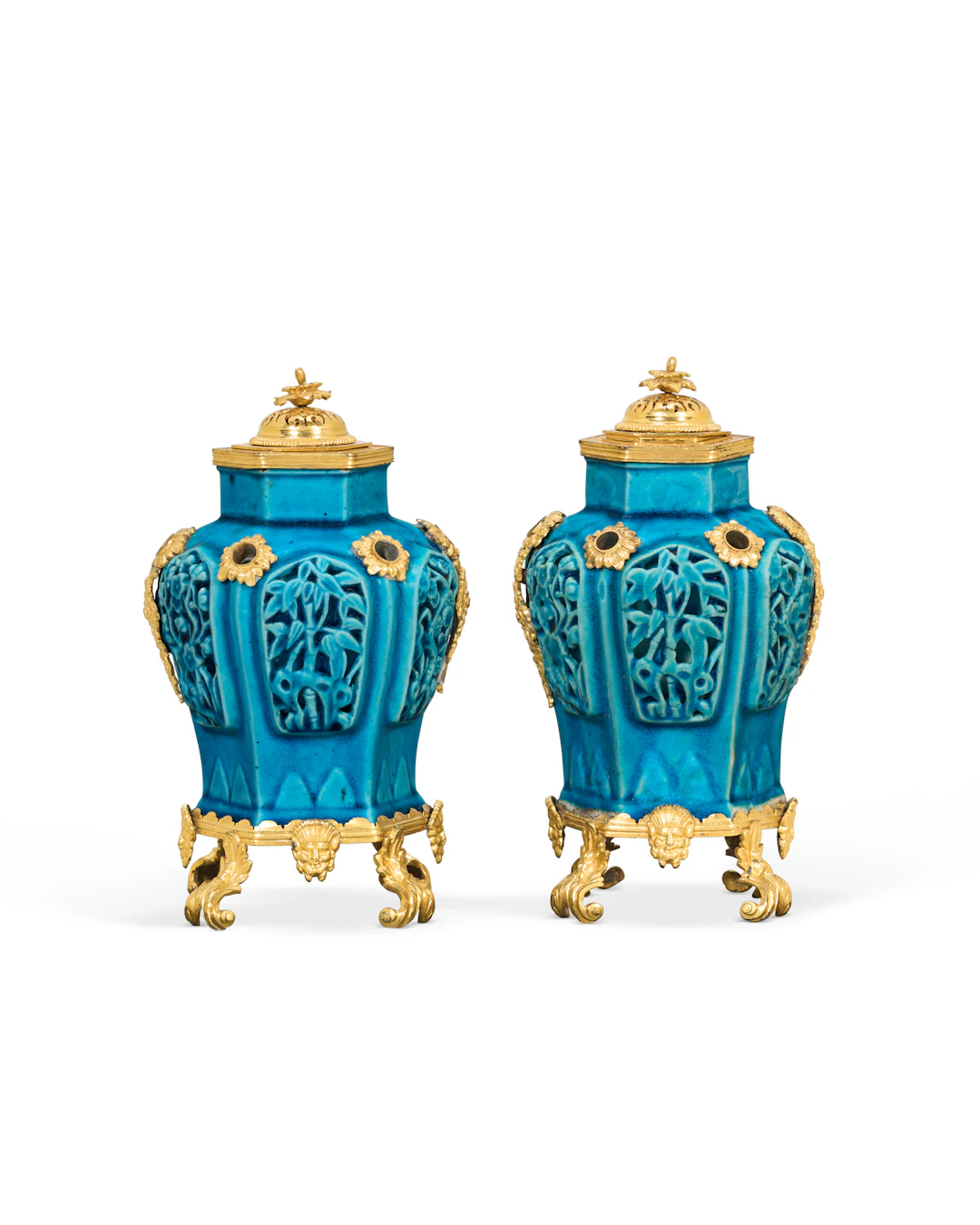 A Pair of Regence Ormolu-Mounted Chinese Turquoise-Glazed Porcelain