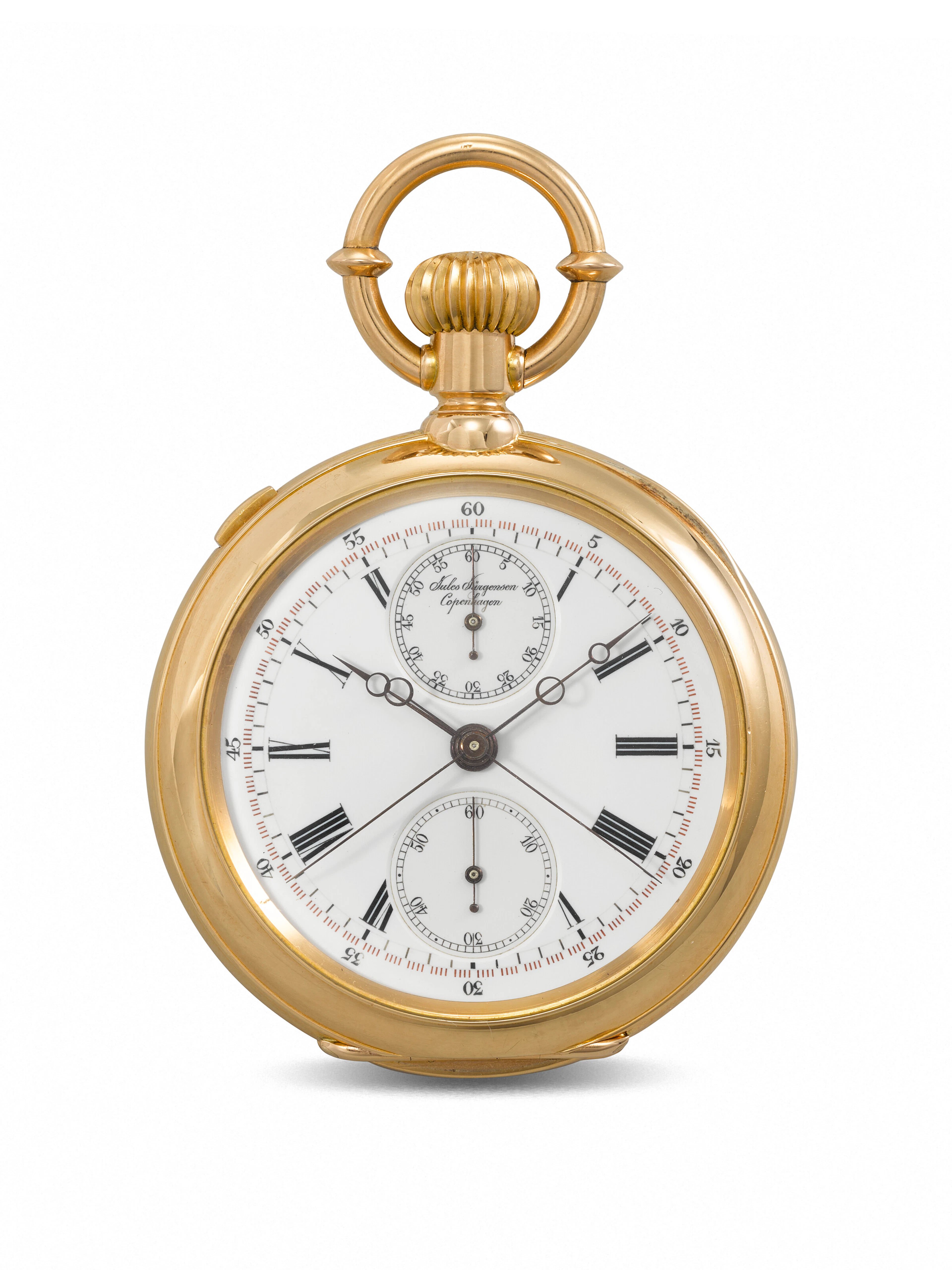 JULES JÜRGENSEN. A RARE 18K GOLD OPENFACE SPLIT SECONDS CHRONOGRAPH