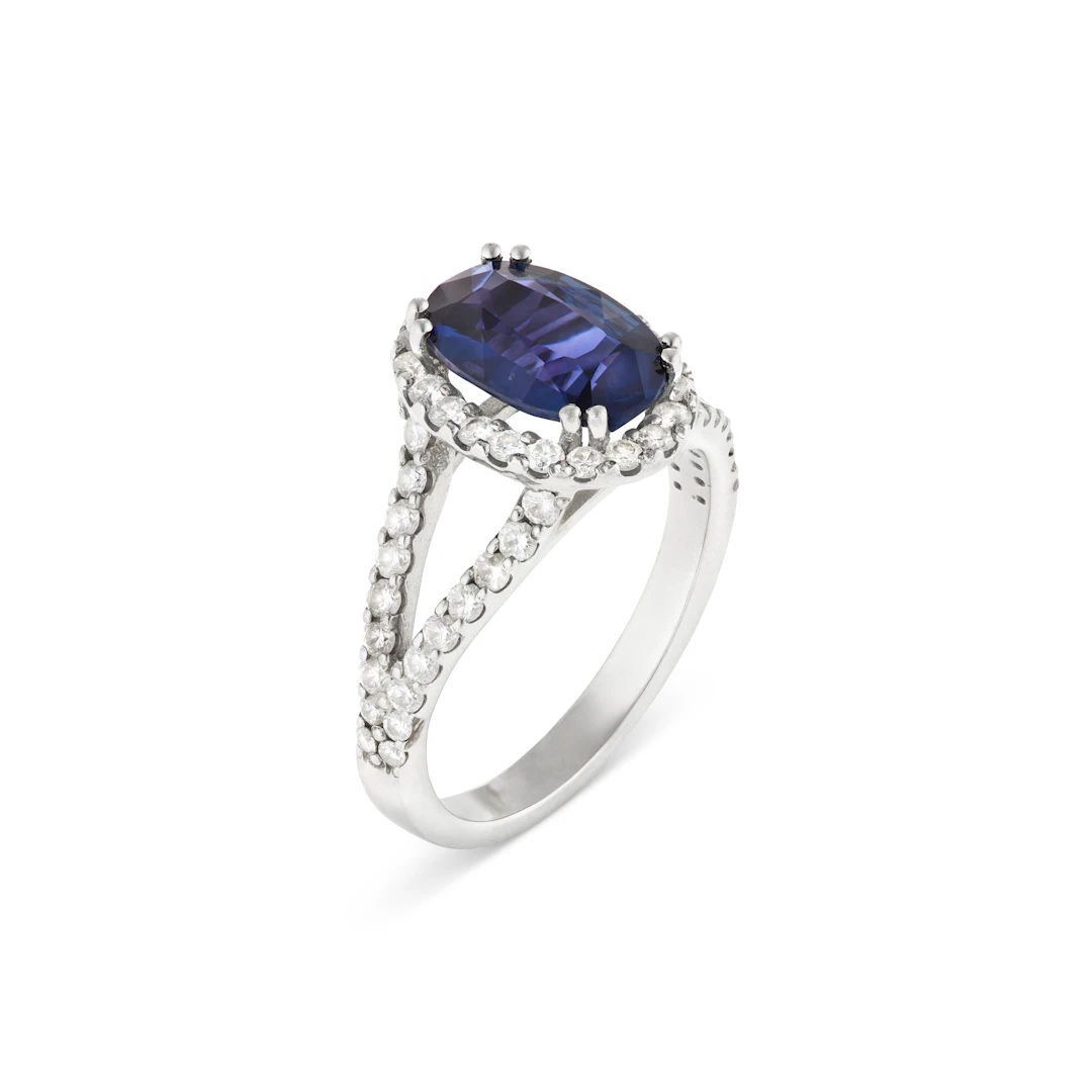 Color-Change Sapphire and Diamond Ring