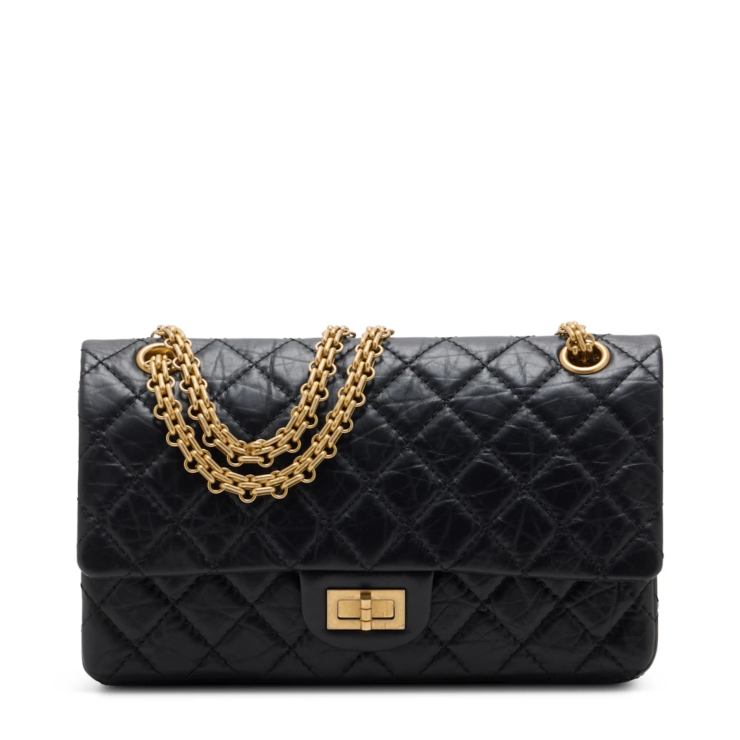 A Black Aged Lambskin Leather 2.55 Reissue 225 Double Flap with Antiqued