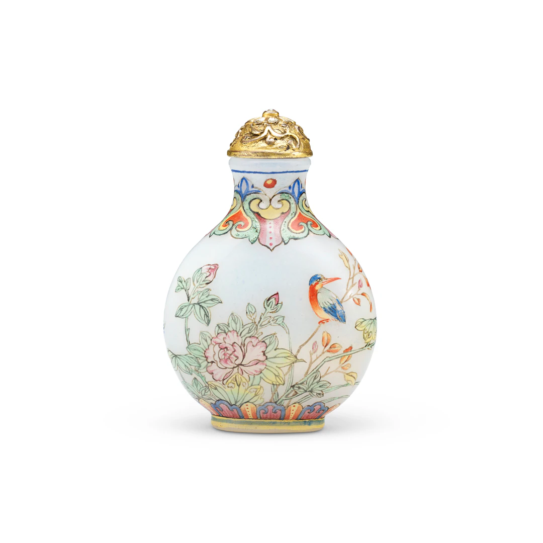 A Very Rare Imperial Falangcai Enamelled 'Bird and Peony' Glass Snuff Bottle