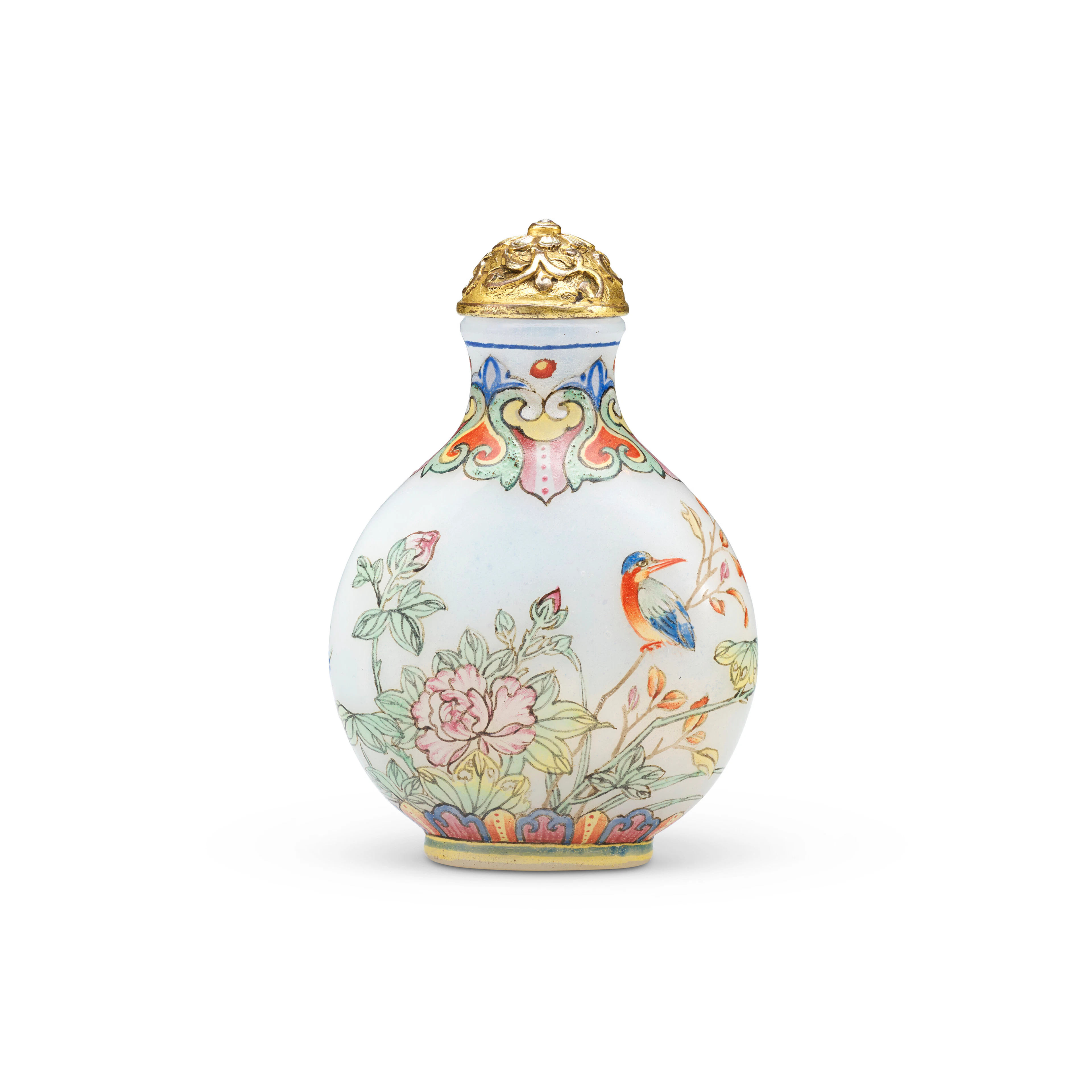A Very Rare Imperial Falangcai Enamelled 'Bird and Peony' Glass Snuff Bottle