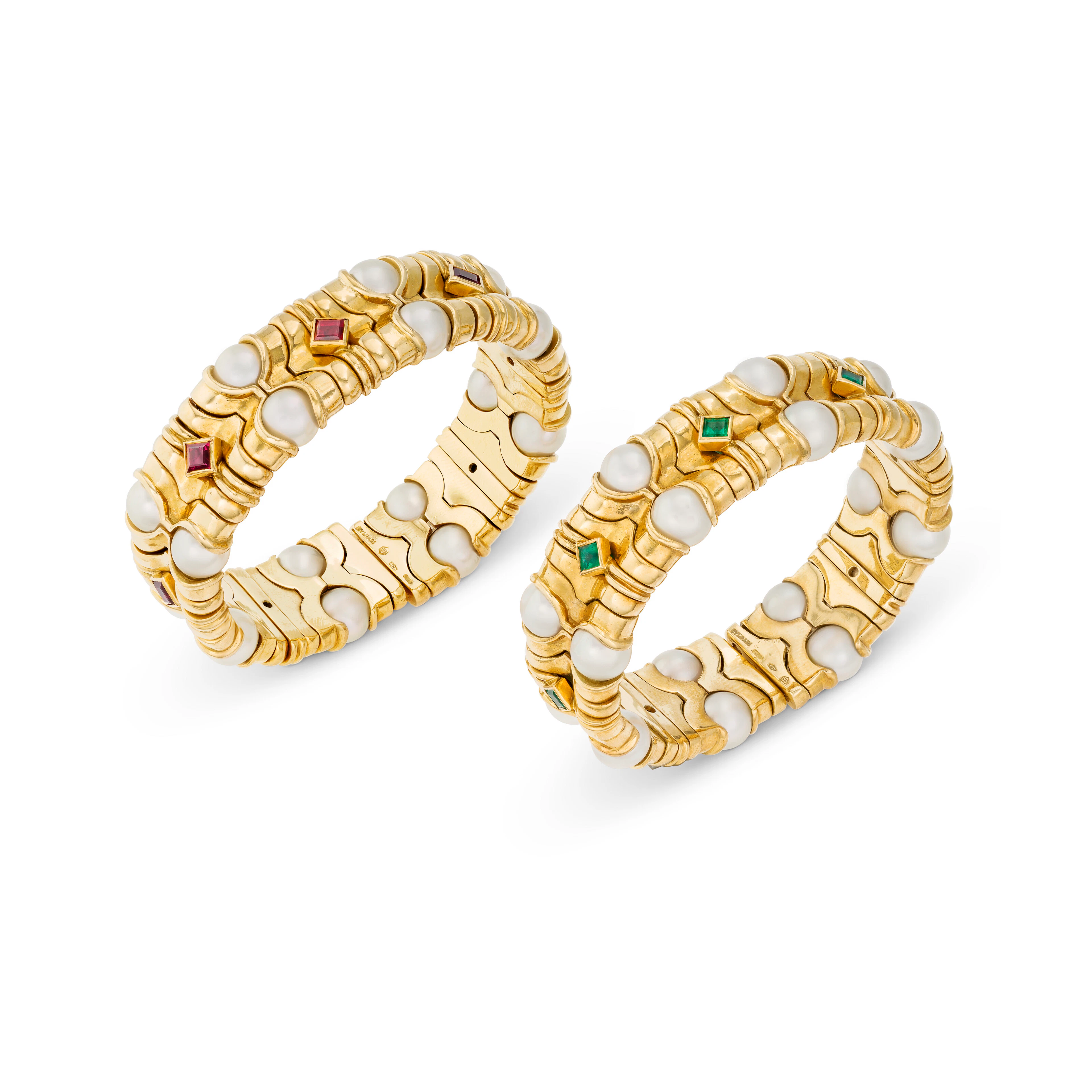 Bulgari Pair of Cultured Pearl, Ruby and Emerald Bangles