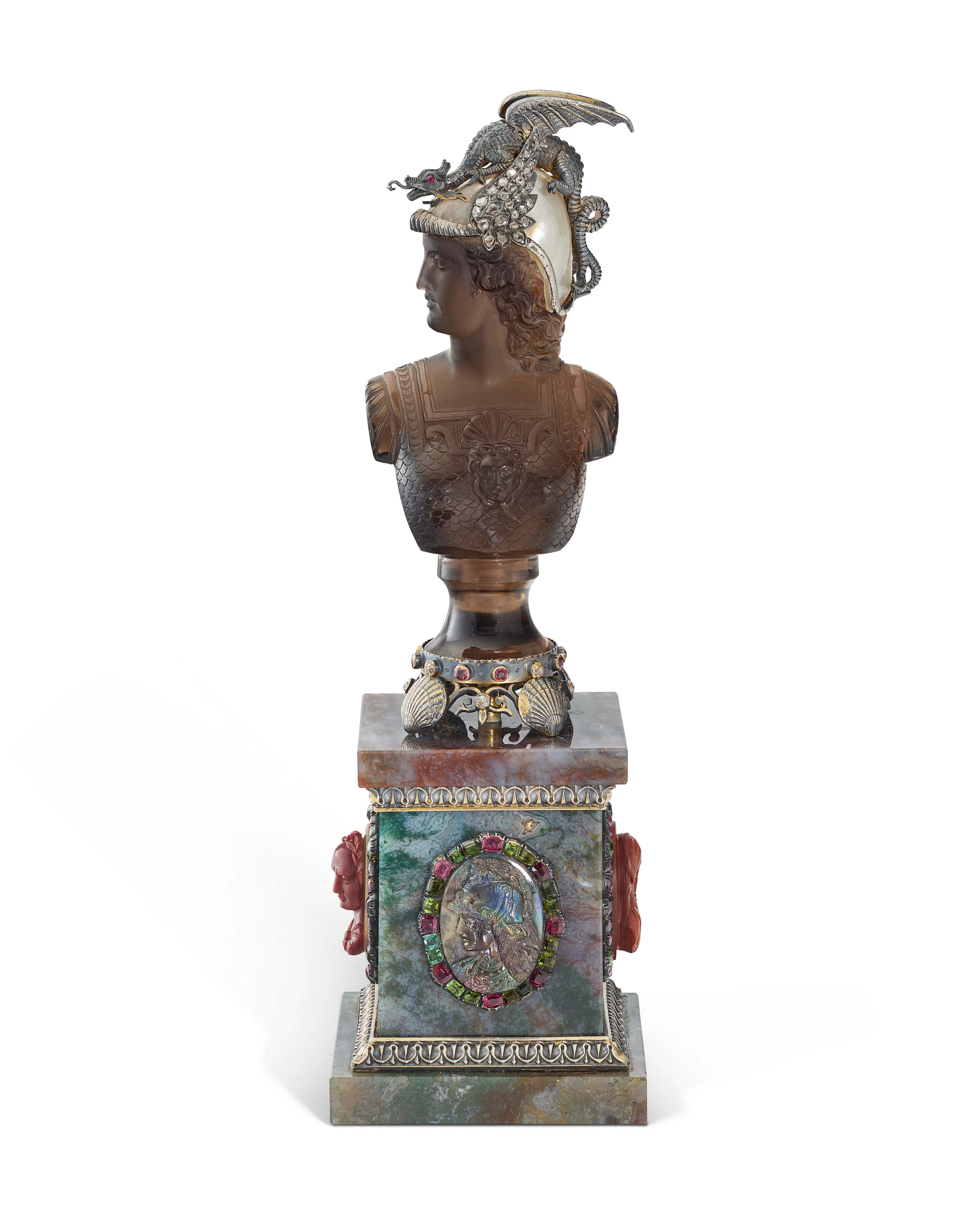 A Gem-Set and Silver-Gilt Mounted Baroque Pearl and Hardstone Bust of Minerva