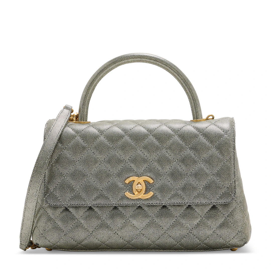 A Metallic Grey Quilted Caviar Leather Medium Coco Handle with Antiqued