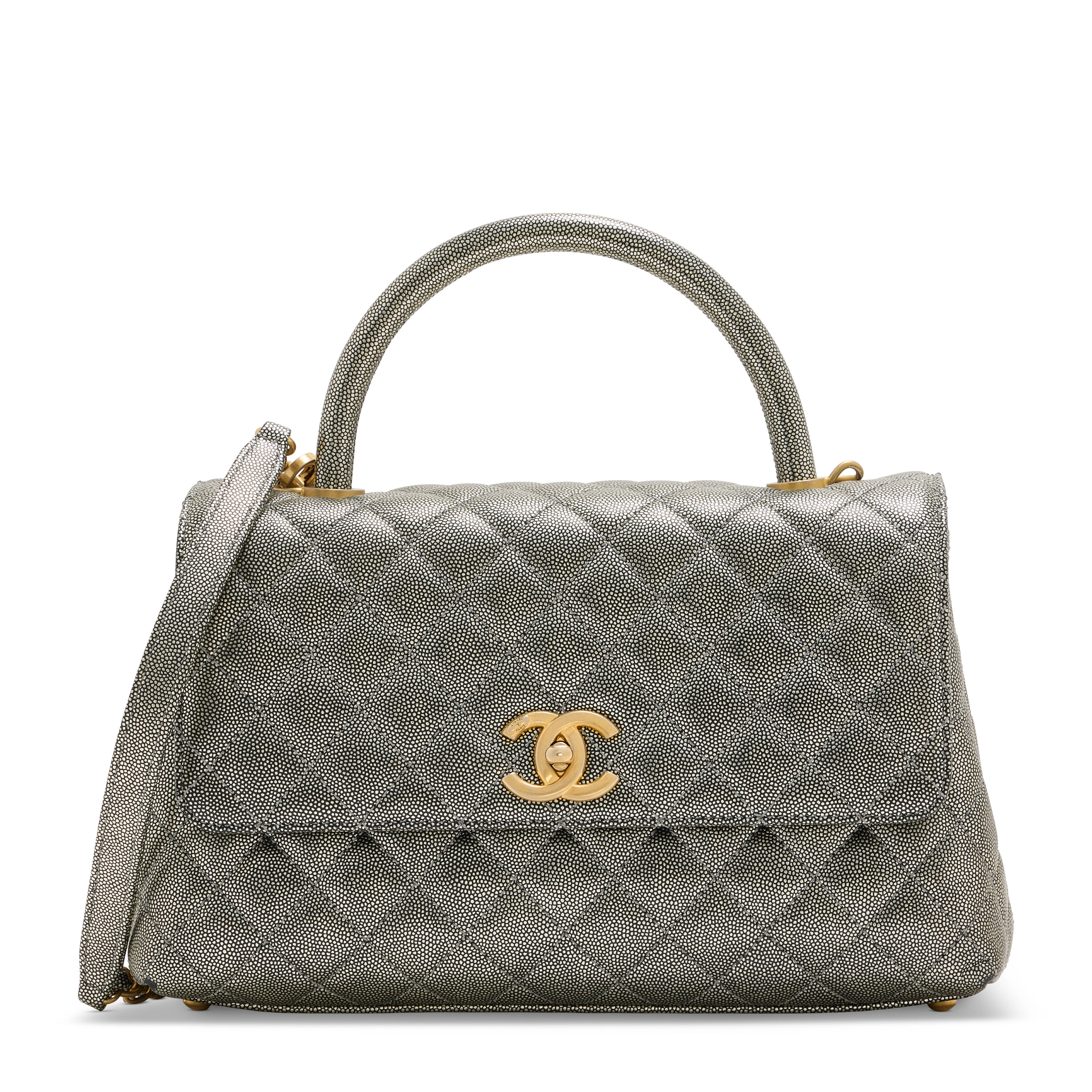A Metallic Grey Quilted Caviar Leather Medium Coco Handle with Antiqued