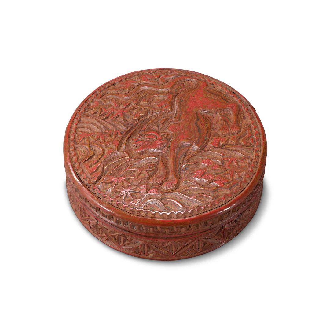 A Carved Polychrome Lacquer 'Tiger' Box and Cover