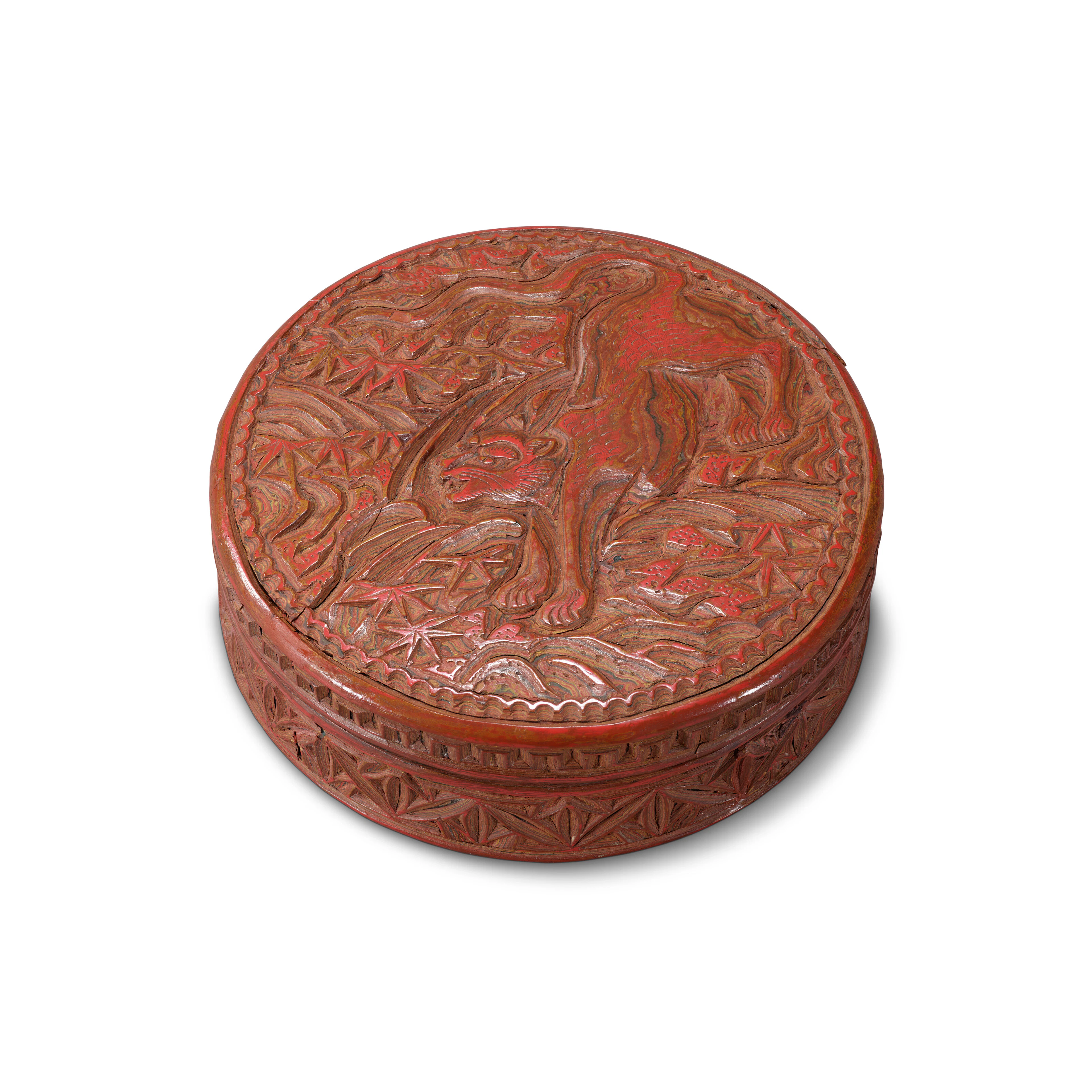 A Carved Polychrome Lacquer 'Tiger' Box and Cover