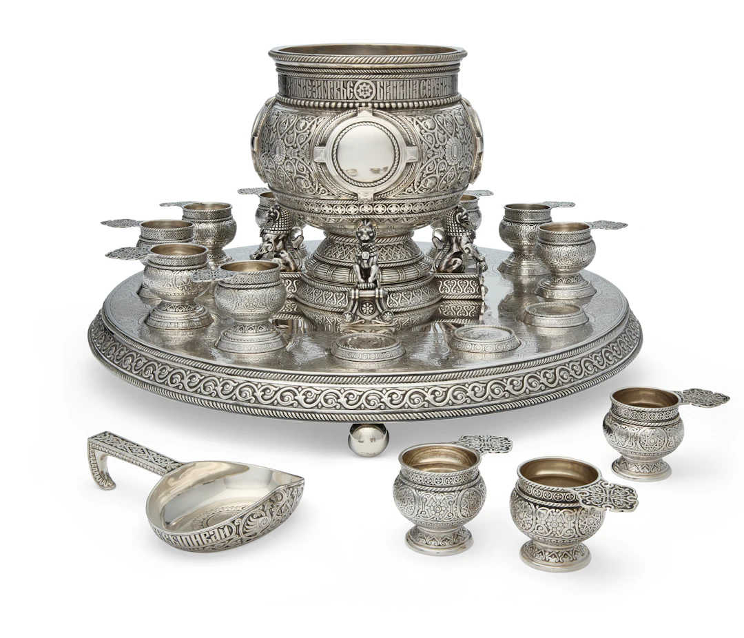 A Large Russian Silver Punch Set