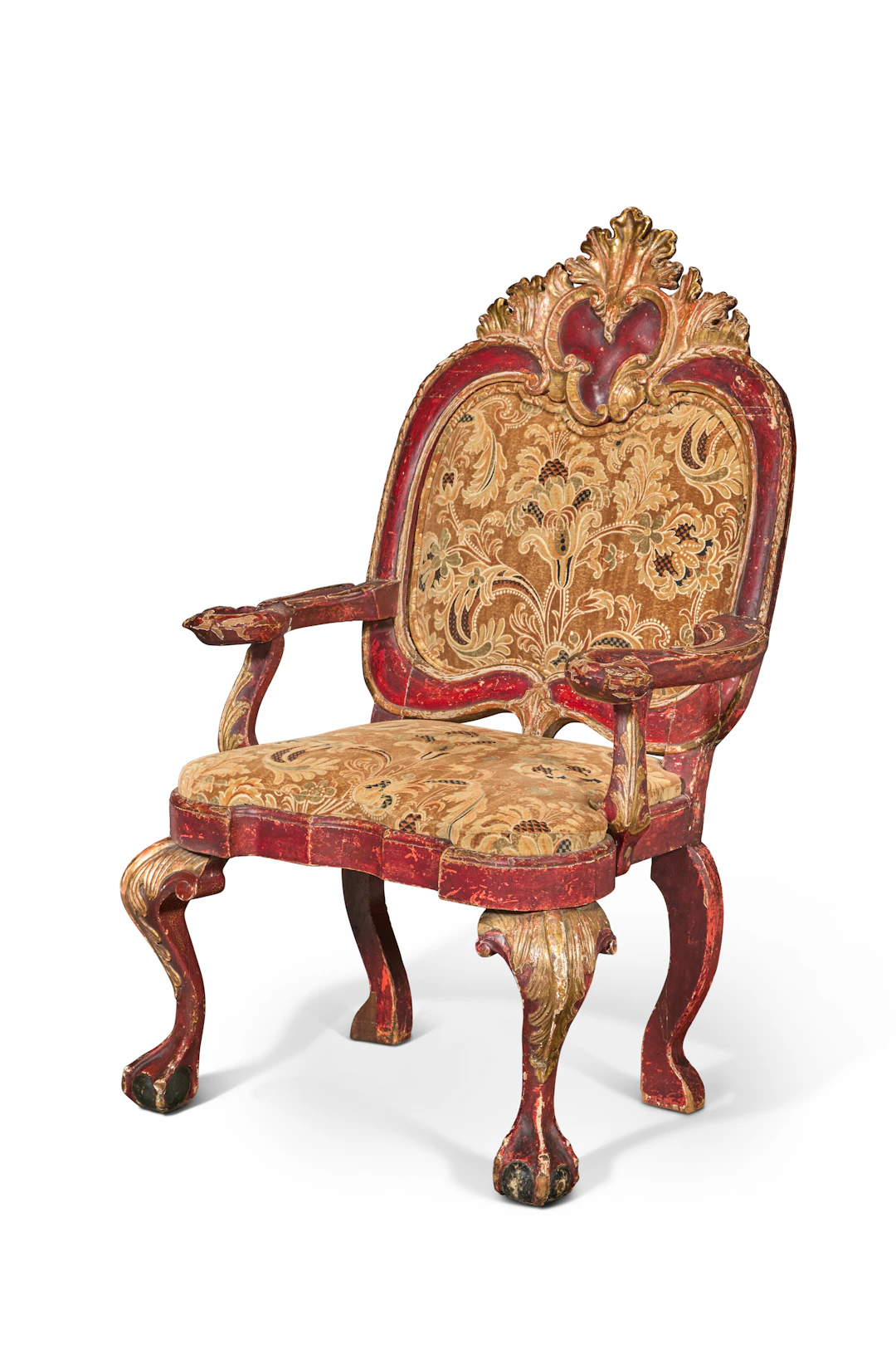 A Spanish Colonial Red-Painted and Parcel-Gilt Armchair