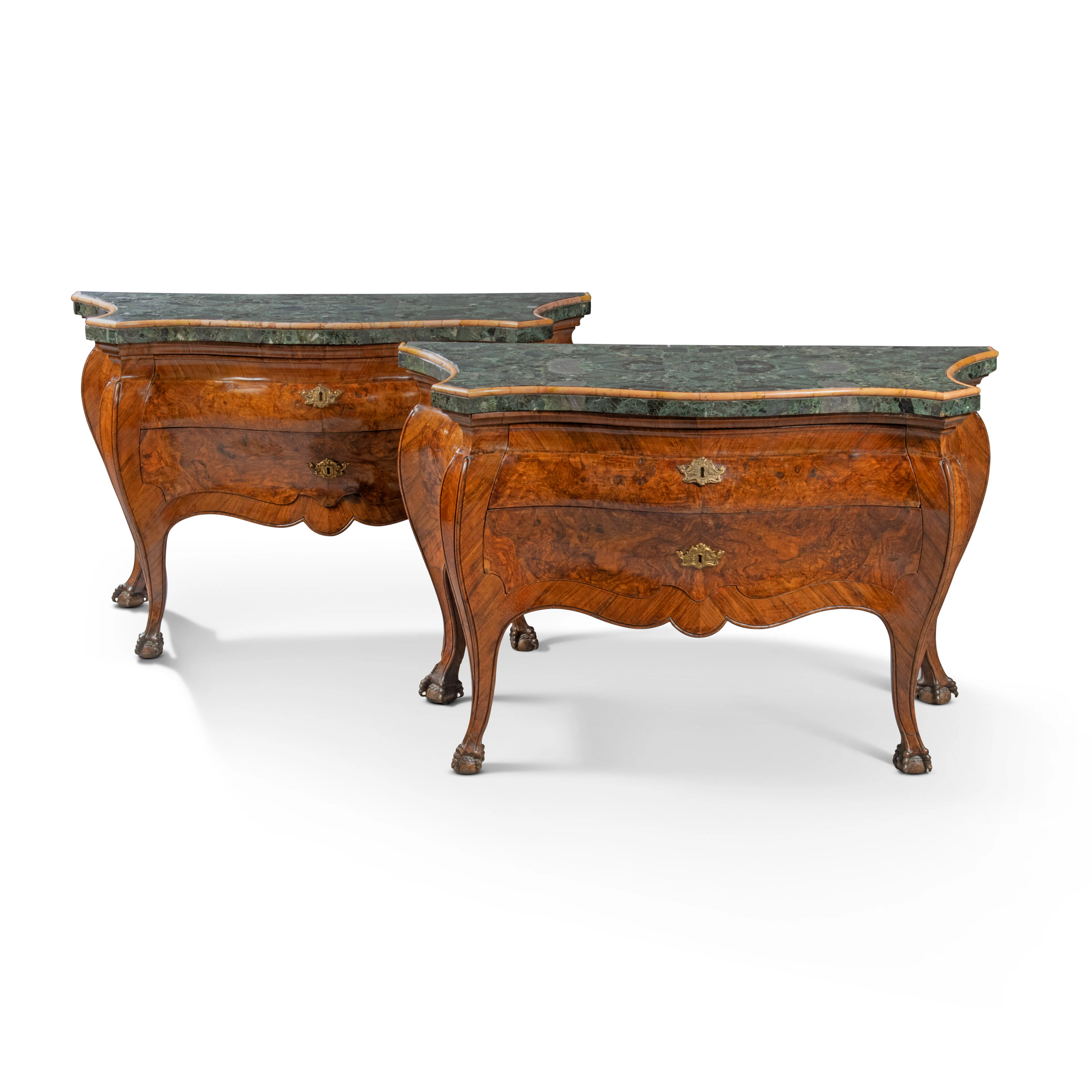A Pair of Royal Italian Walnut and Marble Bombe Commodes