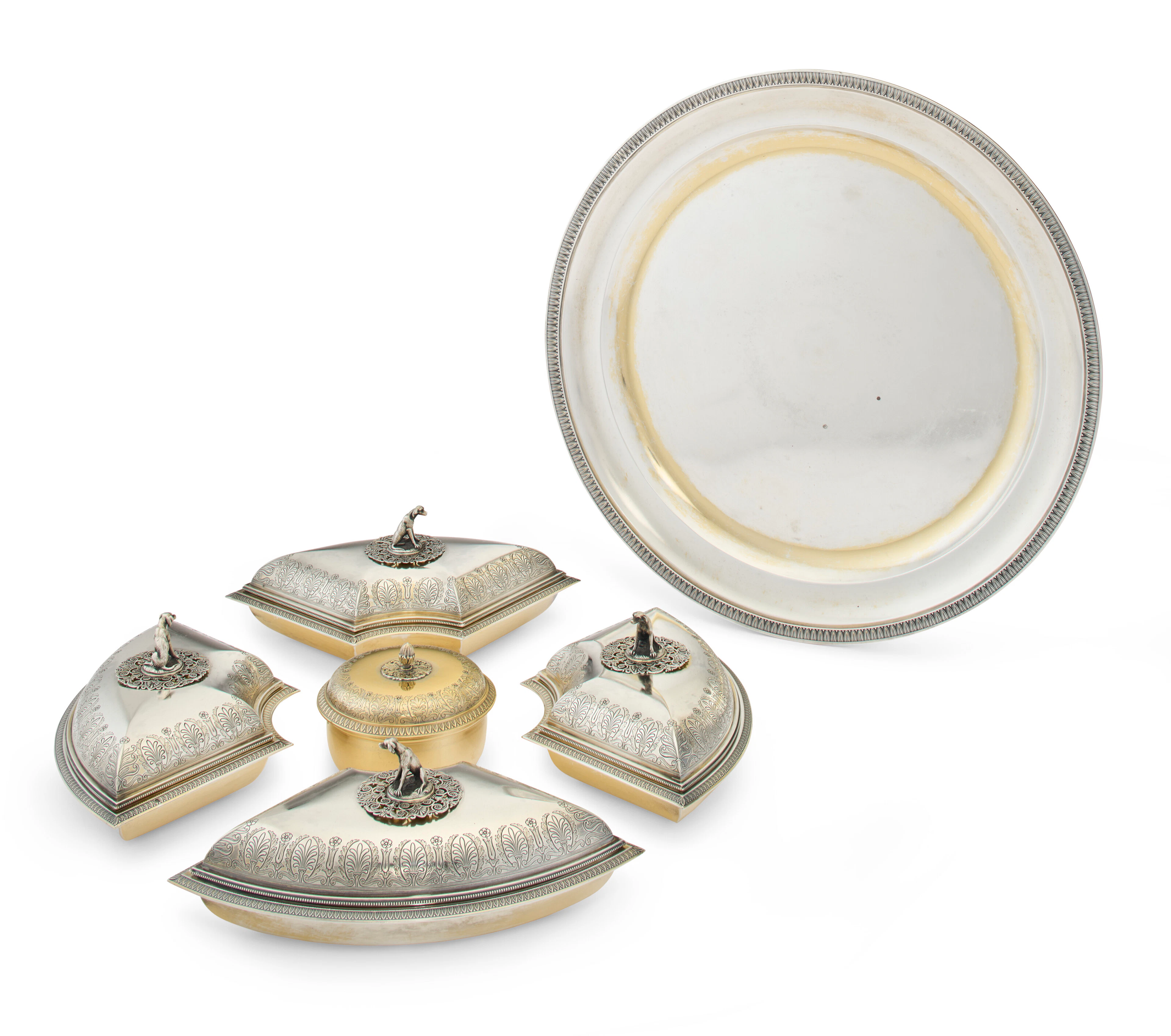 A French Silver-Gilt Five-Piece Supper Service and Stand