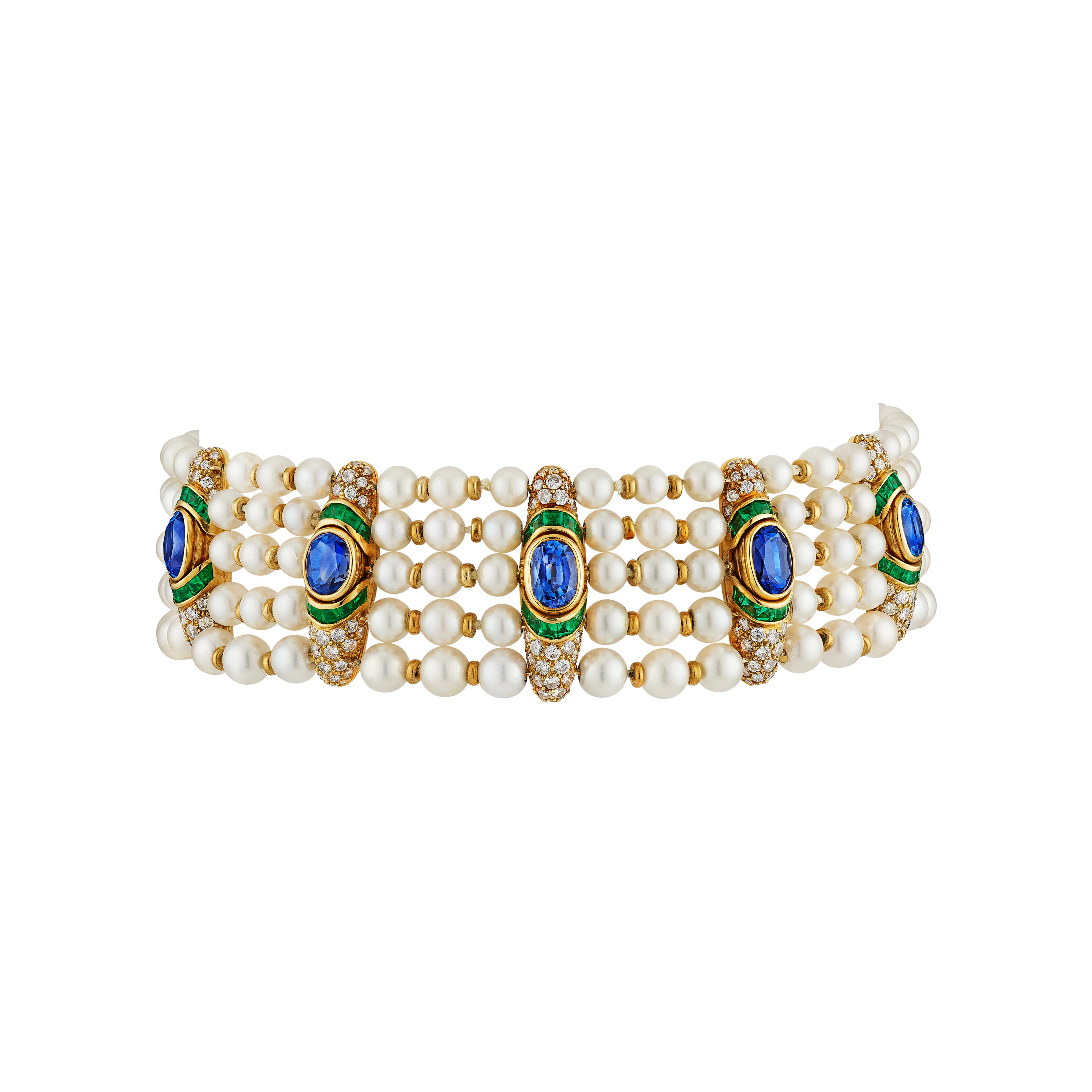 BULGARI SAPPHIRE, DIAMOND, EMERALD AND CULTURED PEARL CHOKER NECKLACE