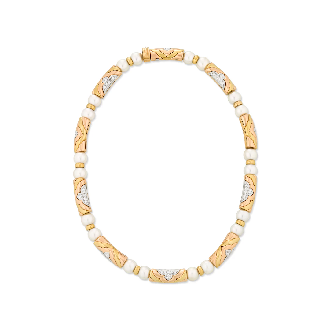Bulgari Diamond, Cultured Pearl and Tri-Colored Gold Necklace