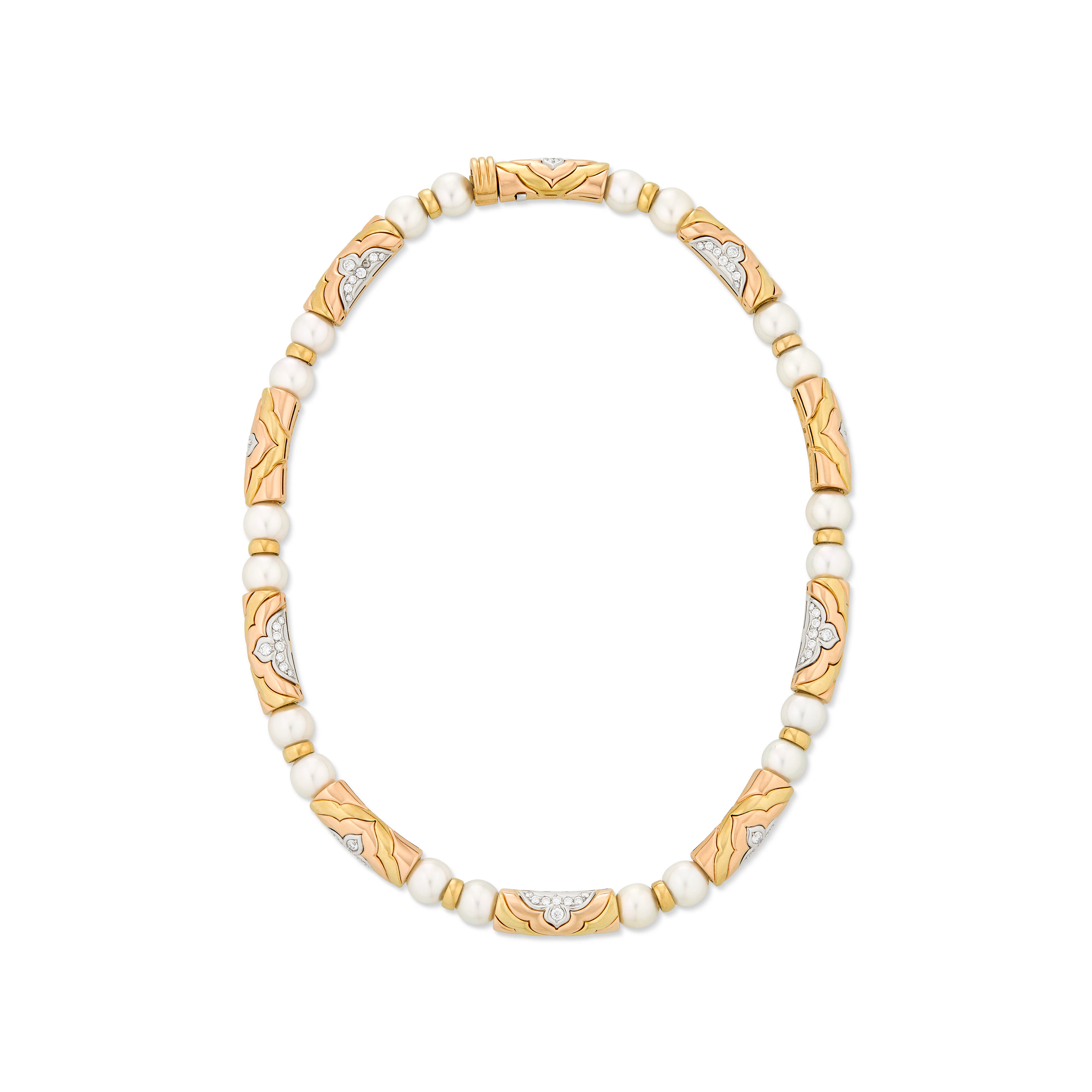 Bulgari Diamond, Cultured Pearl and Tri-Colored Gold Necklace