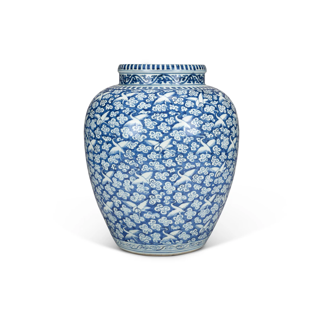 A Large Blue and White Reverse-Decorated ‘Cranes’ Jar