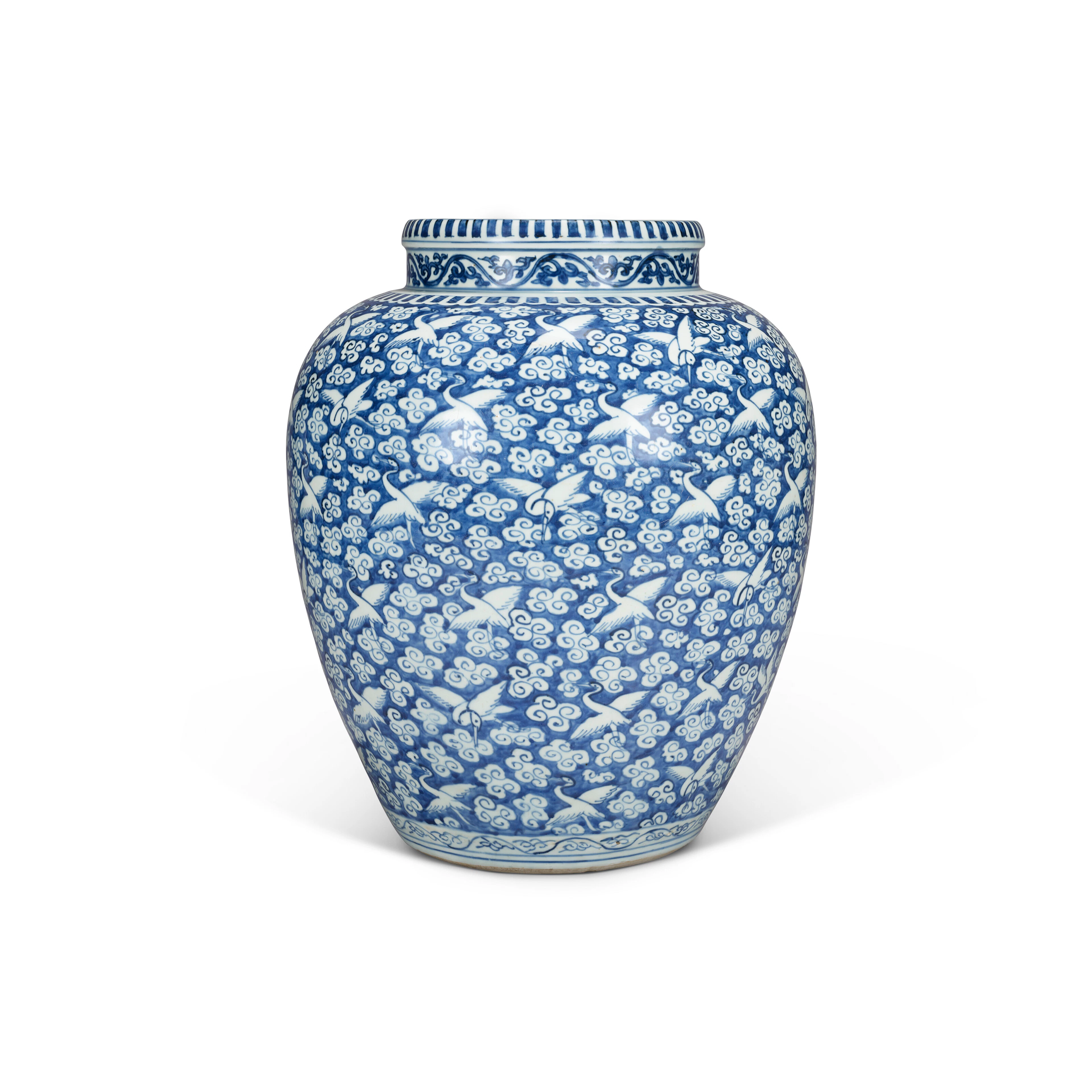 A Large Blue and White Reverse-Decorated ‘Cranes’ Jar