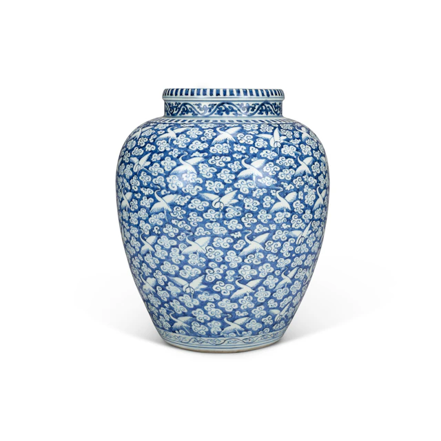 A Large Blue and White Reverse-Decorated ‘Cranes’ Jar