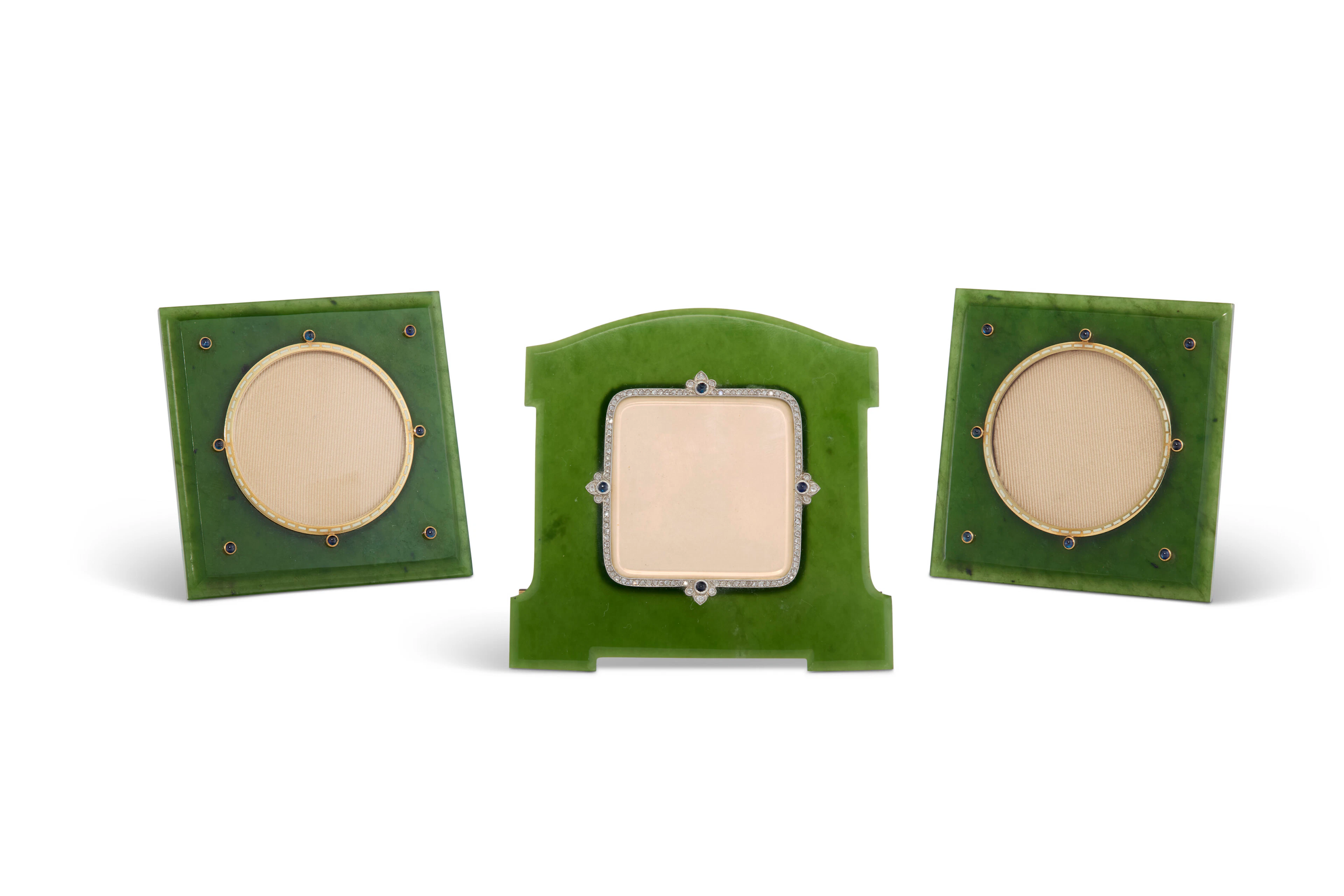 Three American Gem-Set Gold-Mounted Jadeite Picture Frames