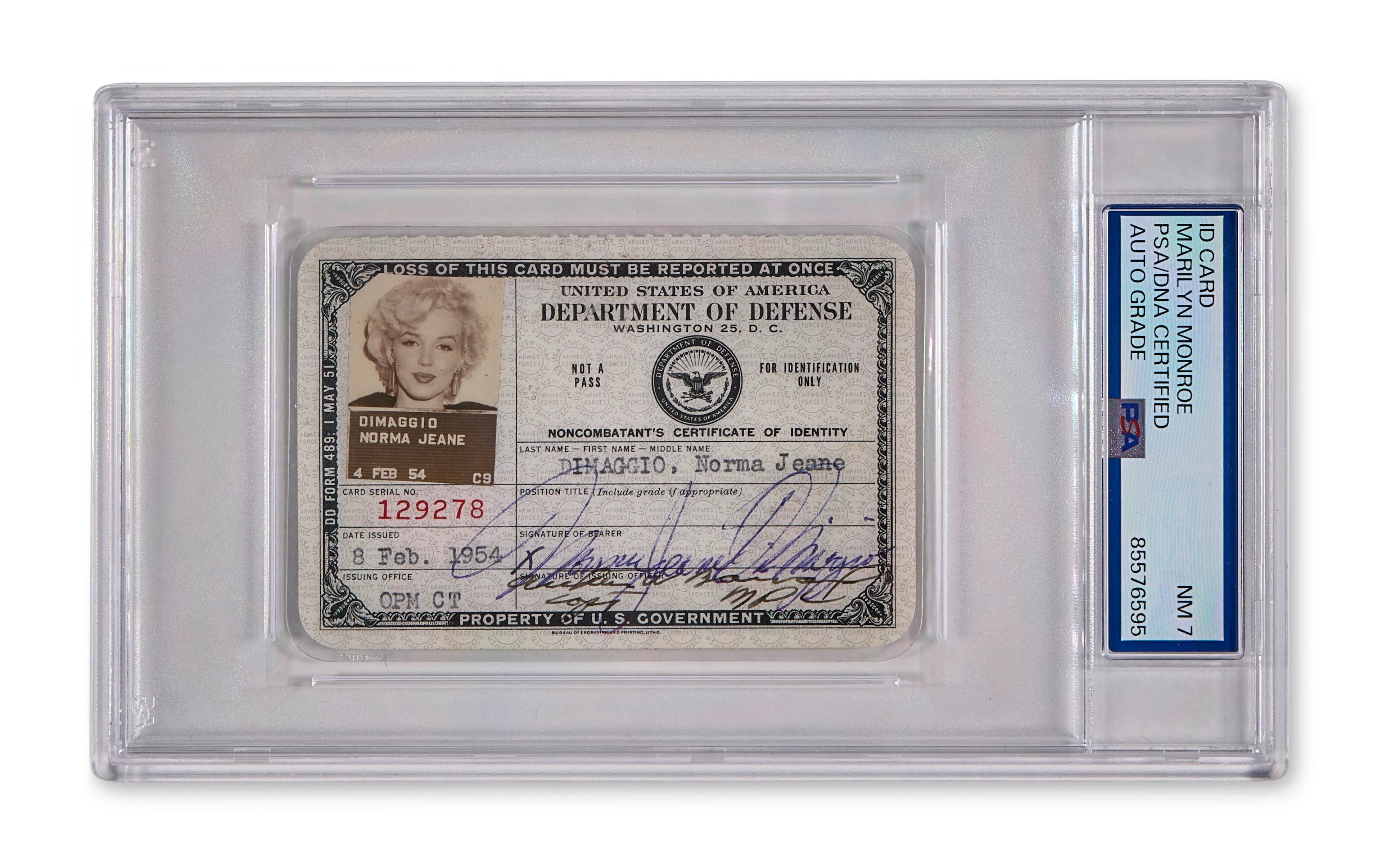 A MARILYN MONROE SIGNED 'UNITED STATES OF AMERICA DEPARTMENT OF DEFENSE'
