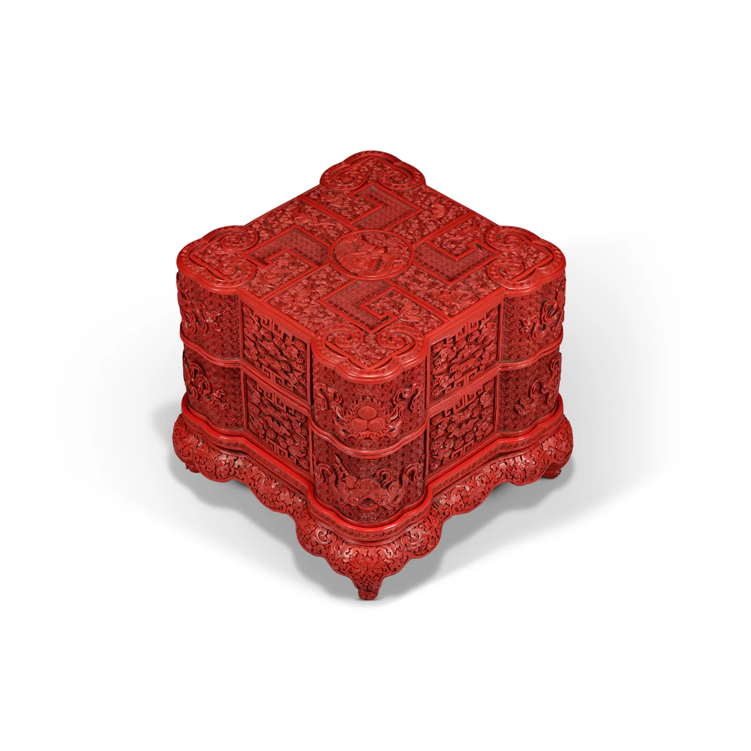 A Finely Carved Two-Tiered 'Shoulao ' Cinnabar Lacquer Box, Cover and Stand