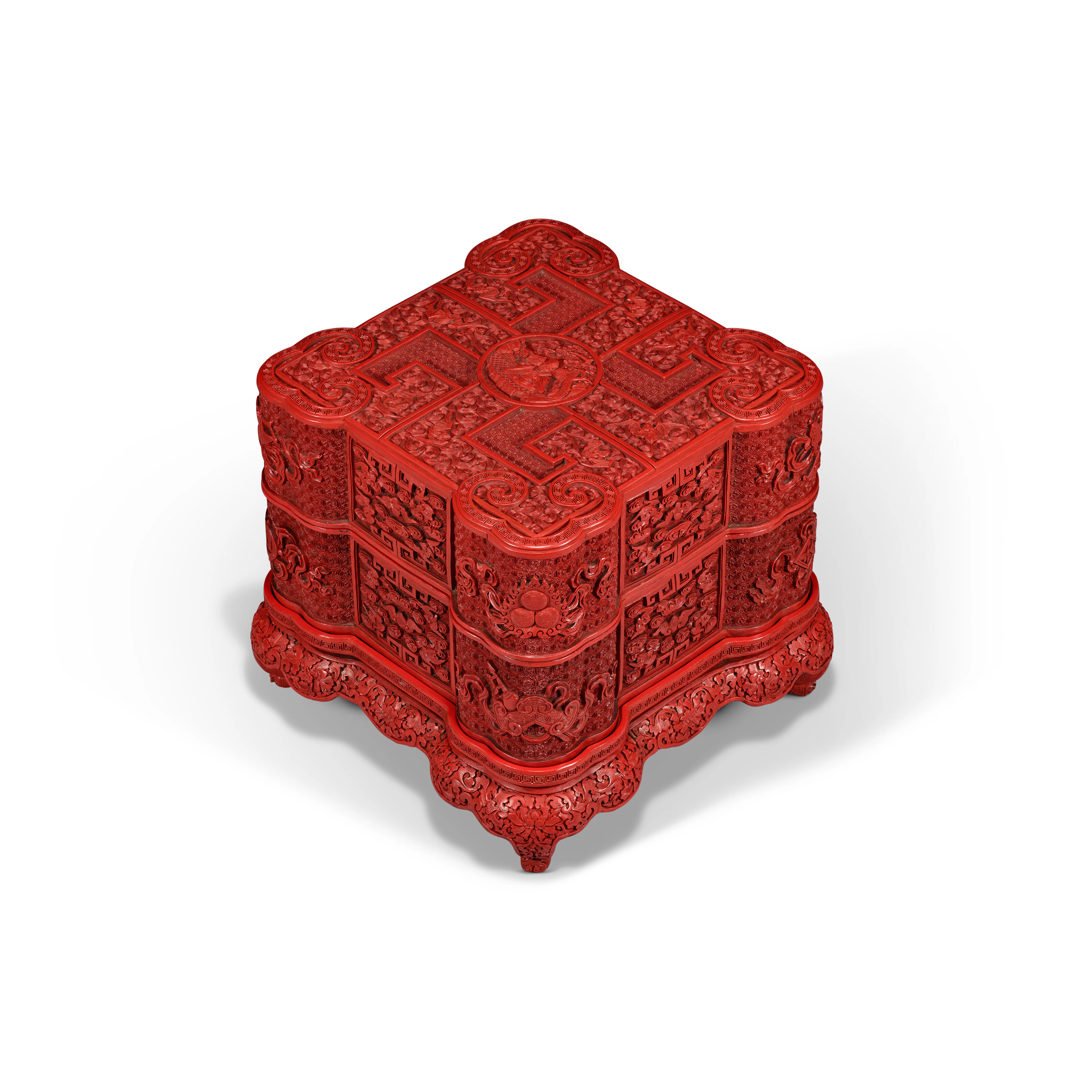 A Finely Carved Two-Tiered 'Shoulao ' Cinnabar Lacquer Box, Cover and Stand