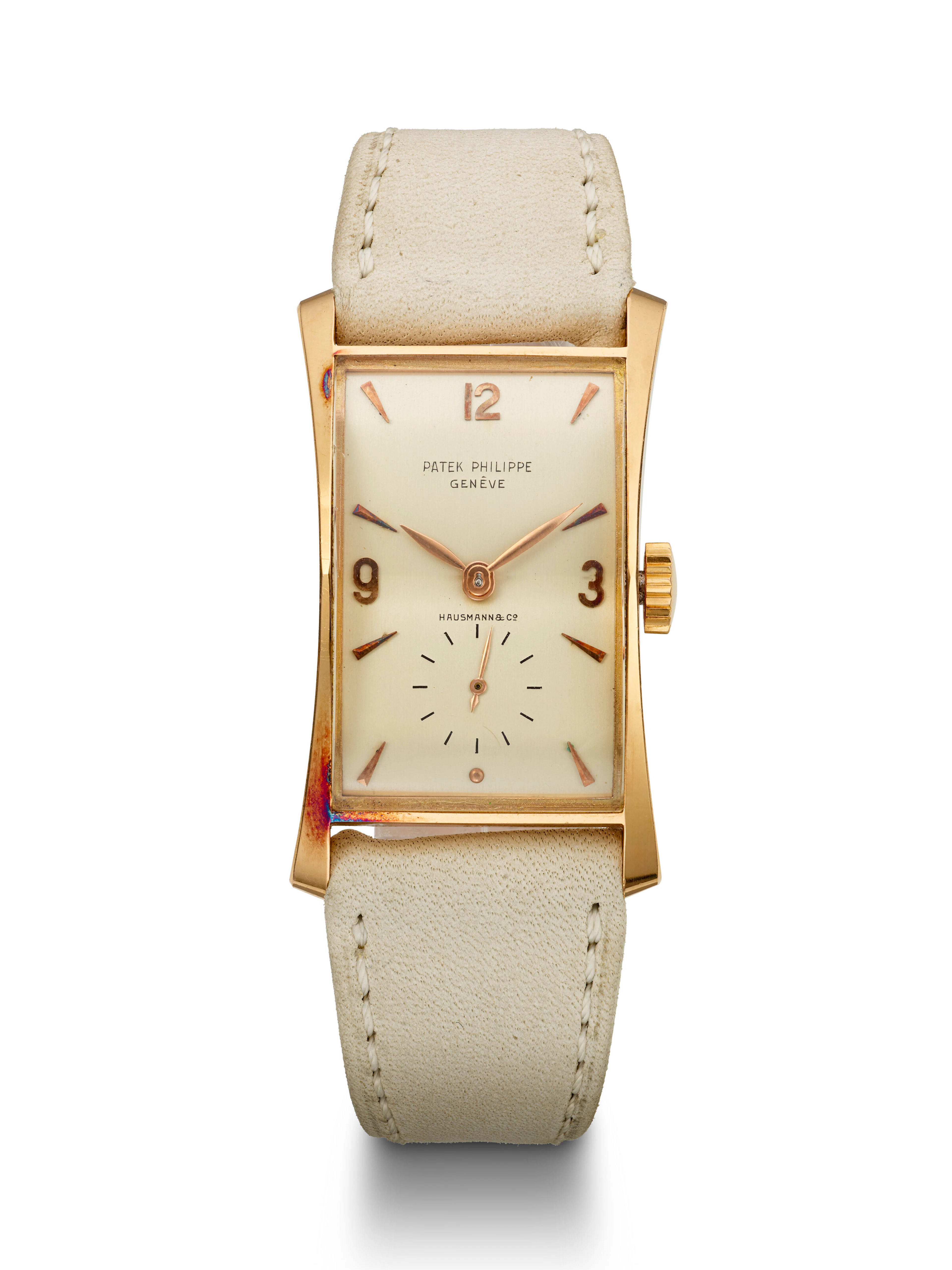 Patek Philippe, Retailed by Hausmann & Co, Pink Gold Rectangular Wristwatch
