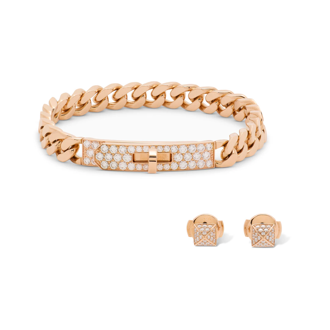A Set of Two: an 18K Yellow Gold & Diamond Kelly Gourmette Bracelet