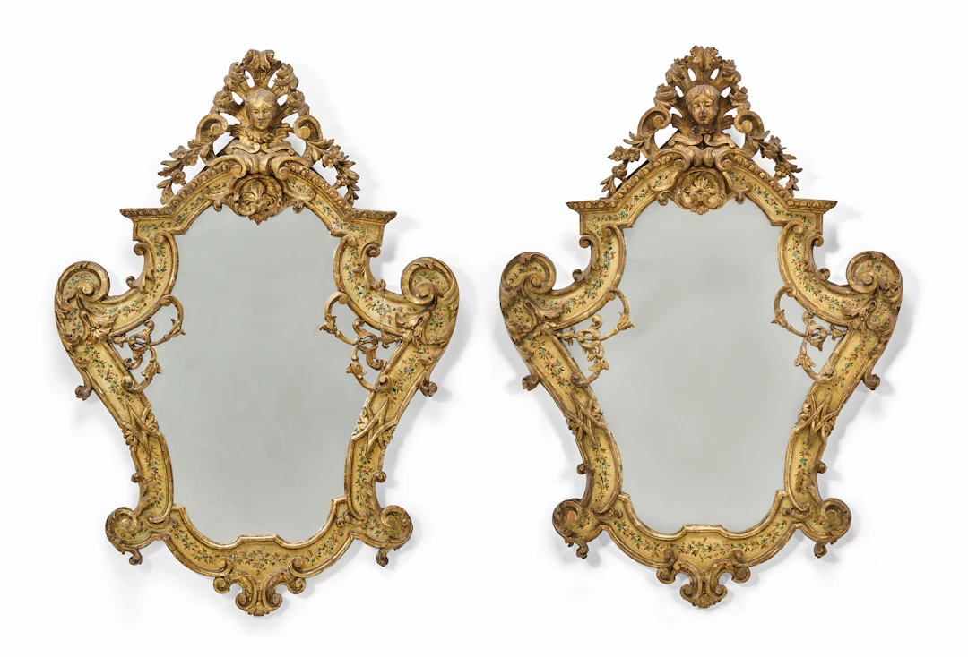 A Pair of Italian Parcel-Gilt and Polychrome-Decorated Mirrors