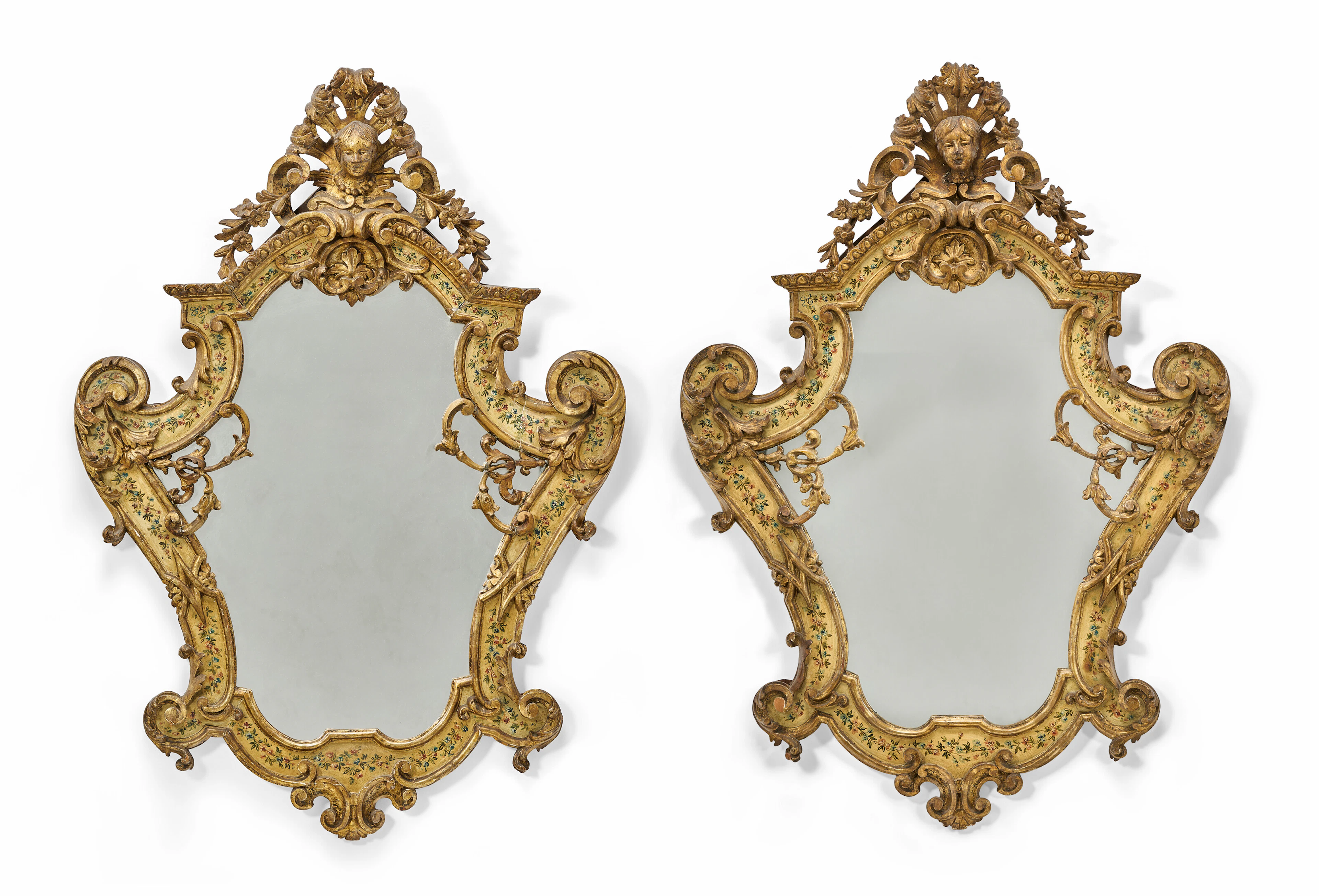 A Pair of Italian Parcel-Gilt and Polychrome-Decorated Mirrors